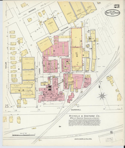 Sanborn Fire Insurance Map from Battle Creek, Calhoun County, Michigan (1907), Sheet #0023 - Complete Map Set gallery image, historic Sanborn map, vintage wall art, Michigan Michigan