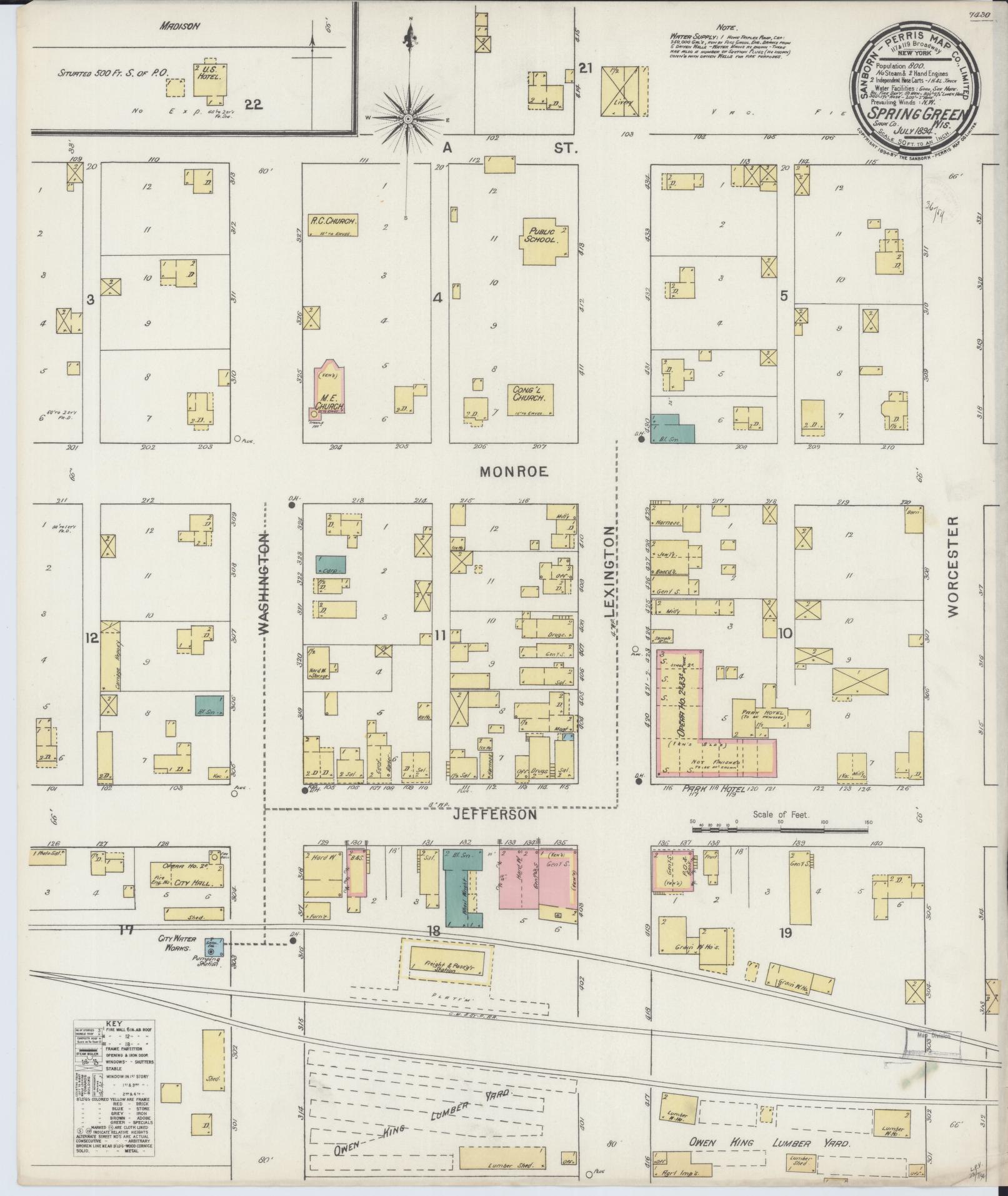 Sanborn Fire Insurance Map from Spring Green, Sauk County, Wisconsin (1894), Sheet #0001 - Historic Sanborn Fire Insurance Map Print, vintage old map wall art, antique decor, genealogy gift, Wisconsin Wisconsin map