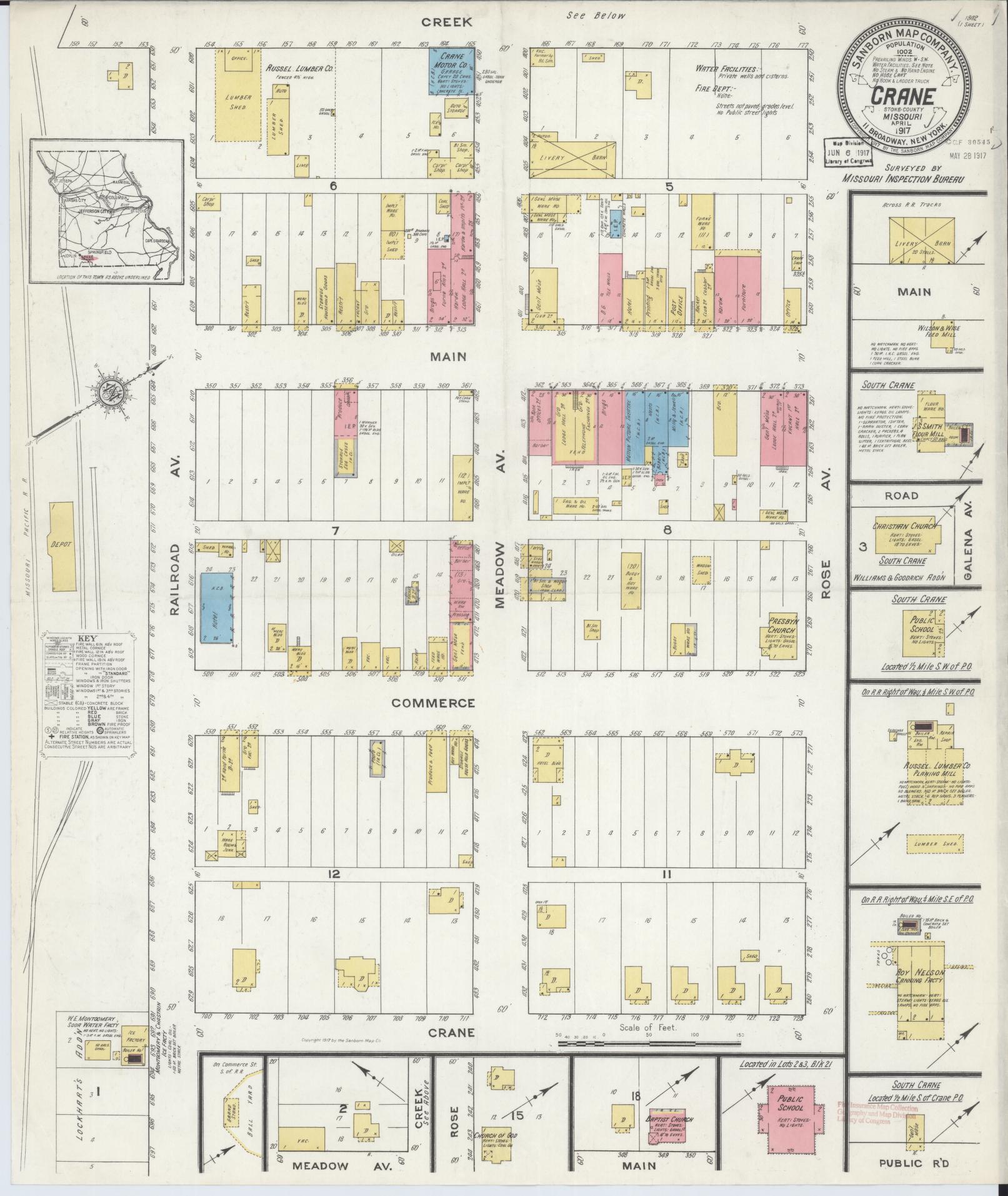 Sanborn Fire Insurance Map from Crane, Stone County, Missouri (1917), Sheet #0001 - Historic Sanborn Fire Insurance Map Print, vintage old map wall art, antique decor, genealogy gift, Missouri Missouri map