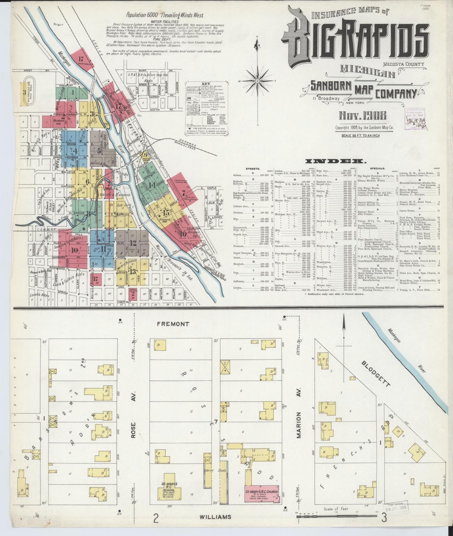 Sanborn Fire Insurance Map from Big Rapids, Mecosta County, Michigan (1908), Sheet #0001 - Historic Sanborn Fire Insurance Map Print, vintage old map wall art, antique decor, genealogy gift, Michigan Michigan map