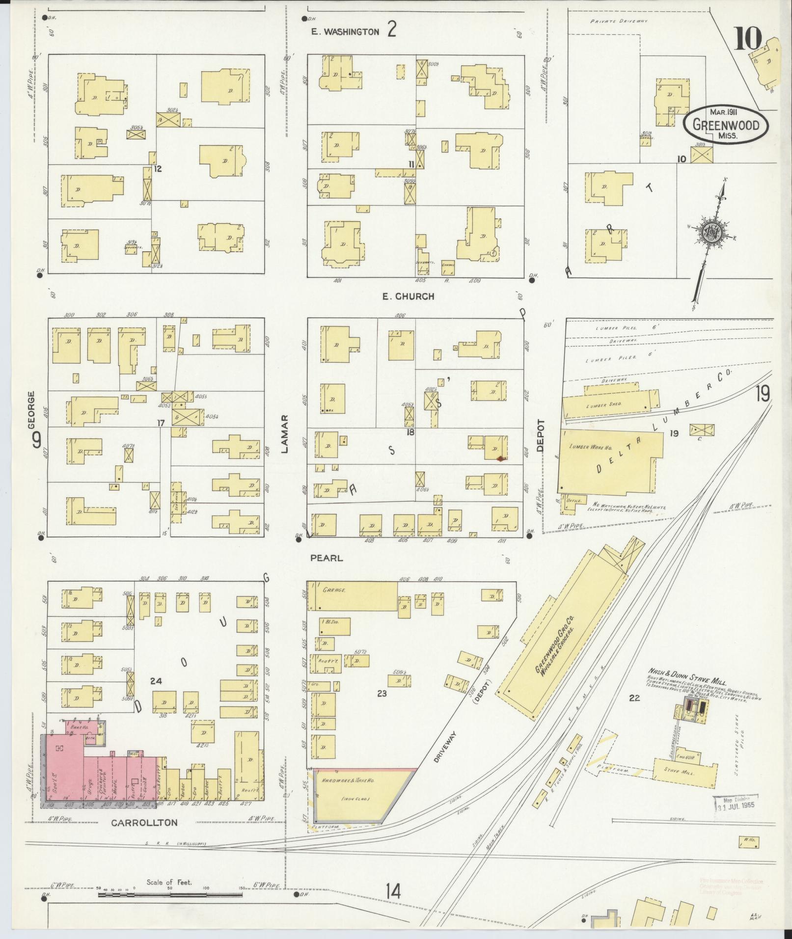 Sanborn Fire Insurance Map from Greenwood, Leflore County, Mississippi (1911), Sheet #0010 - Historic Sanborn Fire Insurance Map Print, vintage old map wall art, antique decor, genealogy gift, Mississippi Mississippi map