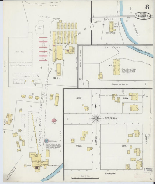Sanborn Fire Insurance Map from Aberdeen, Monroe County, Mississippi (1894), Sheet #0008 - Historic Sanborn Fire Insurance Map Print, vintage old map wall art, antique decor, genealogy gift, Mississippi Mississippi map