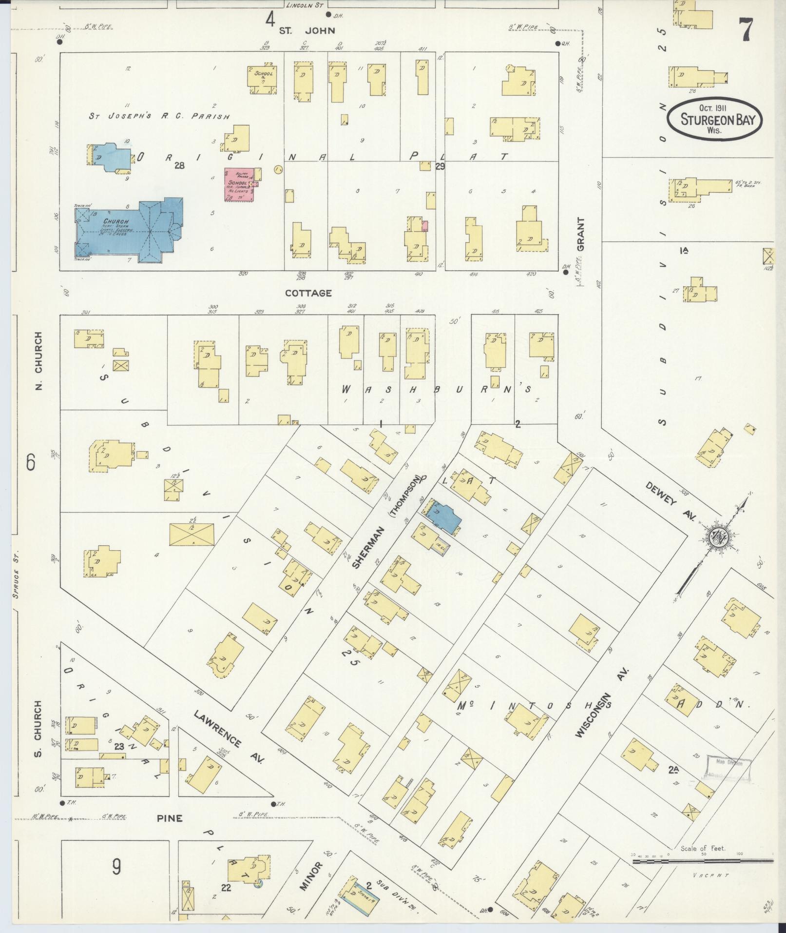 Sanborn Fire Insurance Map from Sturgeon Bay, Door County, Wisconsin (1911), Sheet #0007 - Historic Sanborn Fire Insurance Map Print, vintage old map wall art, antique decor, genealogy gift, Wisconsin Wisconsin map