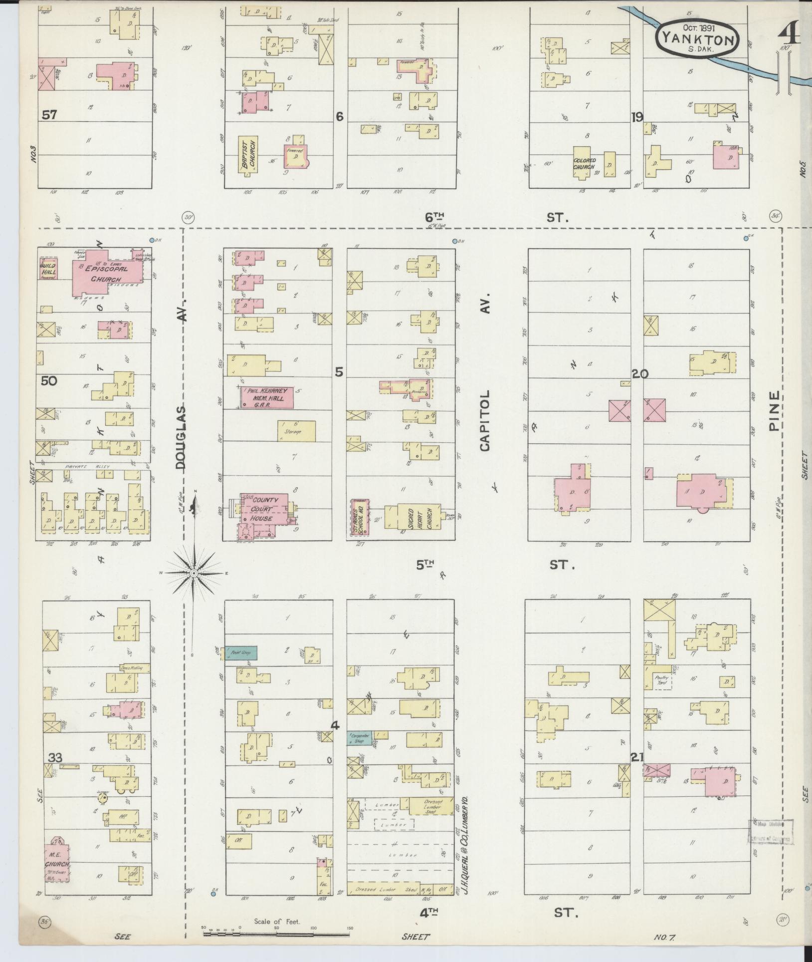 Sanborn Fire Insurance Map from Yankton, Yankton County, South Dakota (1891), Sheet #0004 - Historic Sanborn Fire Insurance Map Print, vintage old map wall art, antique decor, genealogy gift, South Dakota South Dakota map