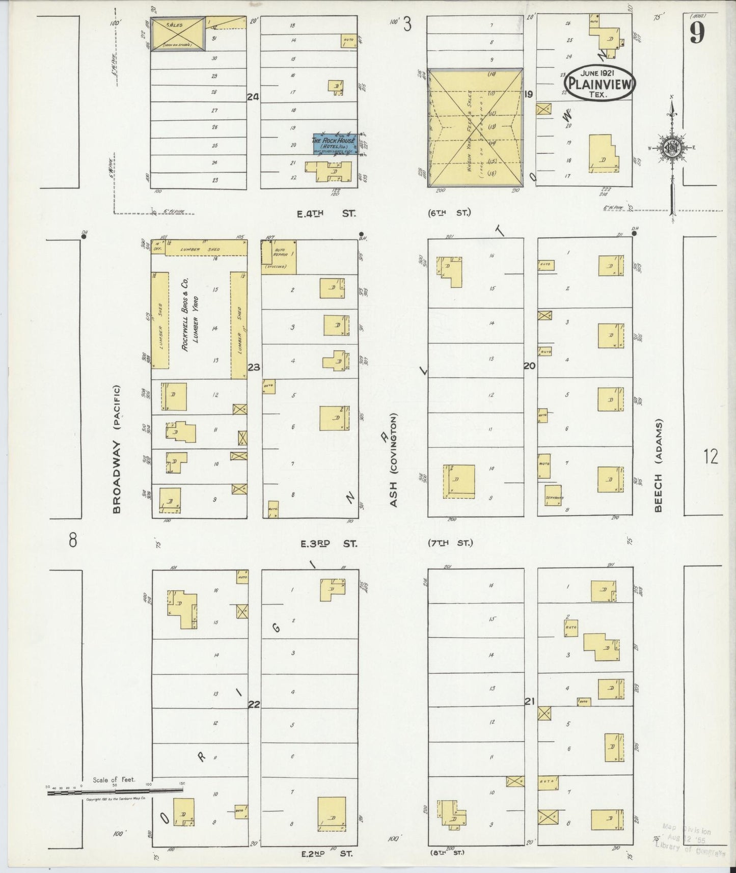 Sanborn Fire Insurance Map from Plainview, Hale County, Texas (1921), Sheet #0009 - Complete Map Set gallery image, historic Sanborn map, vintage wall art, Texas Texas
