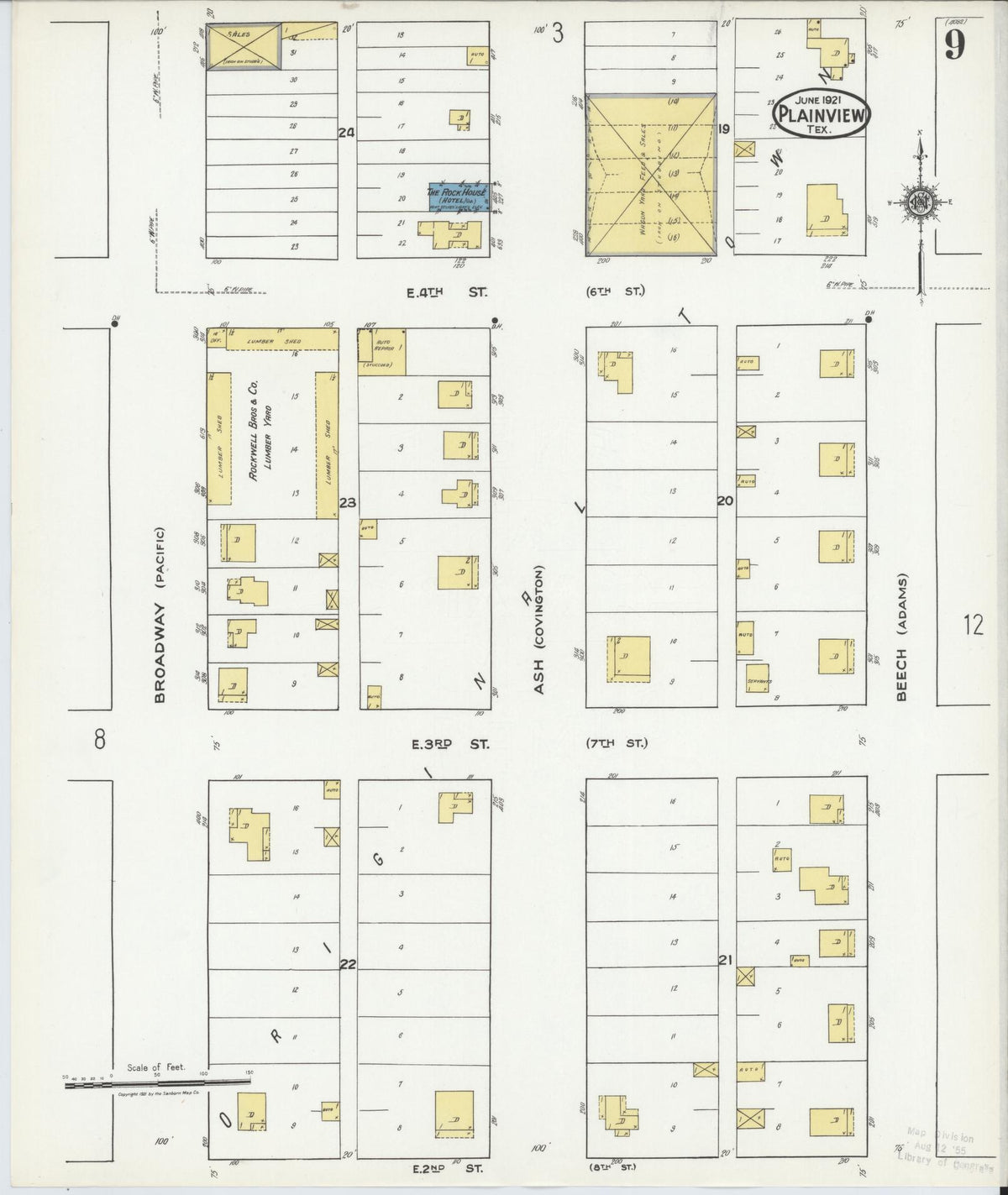 Sanborn Fire Insurance Map from Plainview, Hale County, Texas (1921), Sheet #0009 - Complete Map Set gallery image, historic Sanborn map, vintage wall art, Texas Texas