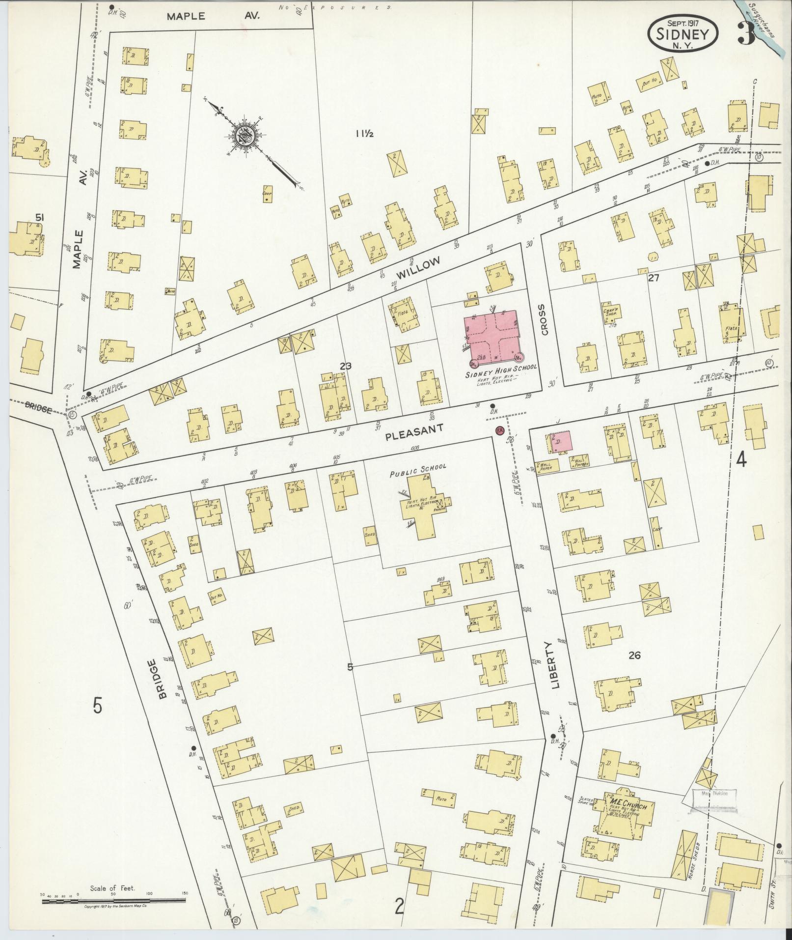 Sanborn Fire Insurance Map from Sidney, Delaware County, New York (1917), Sheet #0003 - Complete Map Set gallery image, historic Sanborn map, vintage wall art, Sidney Delaware