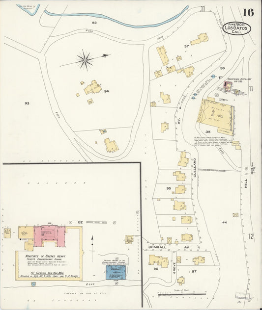 Sanborn Fire Insurance Map from Los Gatos, Santa Clara County, California (1908), Sheet #0016 - Historic Sanborn Fire Insurance Map Print, vintage old map wall art, antique decor, genealogy gift, California California map