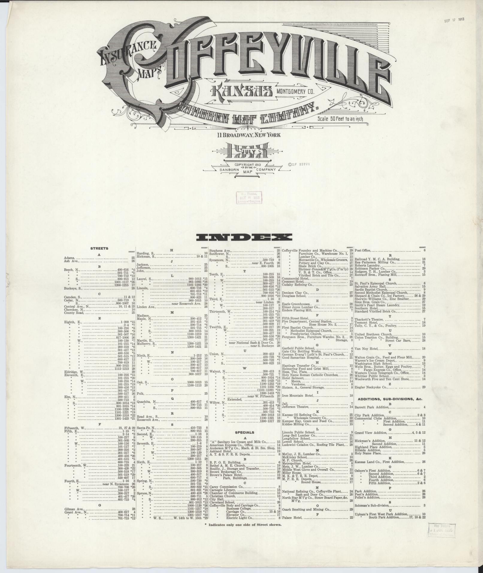 Sanborn Fire Insurance Map from Coffeyville, Montgomery County, Kansas. (1913) – Historic Sanborn Fire Insurance Map Print