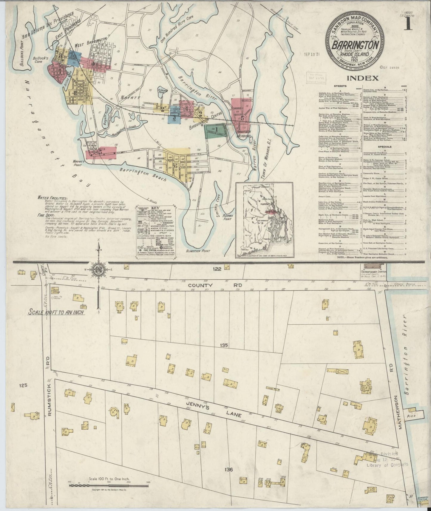 Sanborn Fire Insurance Map from Barrington, Bristol County, Rhode Island (1921), Sheet #0001 - Complete Map Set gallery image, historic Sanborn map, vintage wall art, Rhode Island Rhode Island
