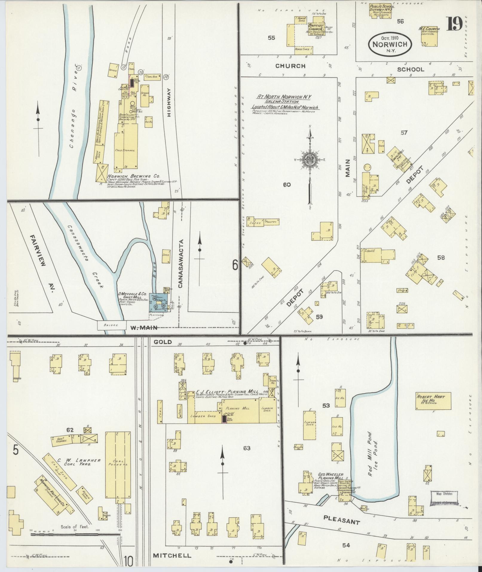Sanborn Fire Insurance Map from Norwich, Chenango County, New York (1910), Sheet #0019 - Complete Map Set gallery image, historic Sanborn map, vintage wall art, New York New York
