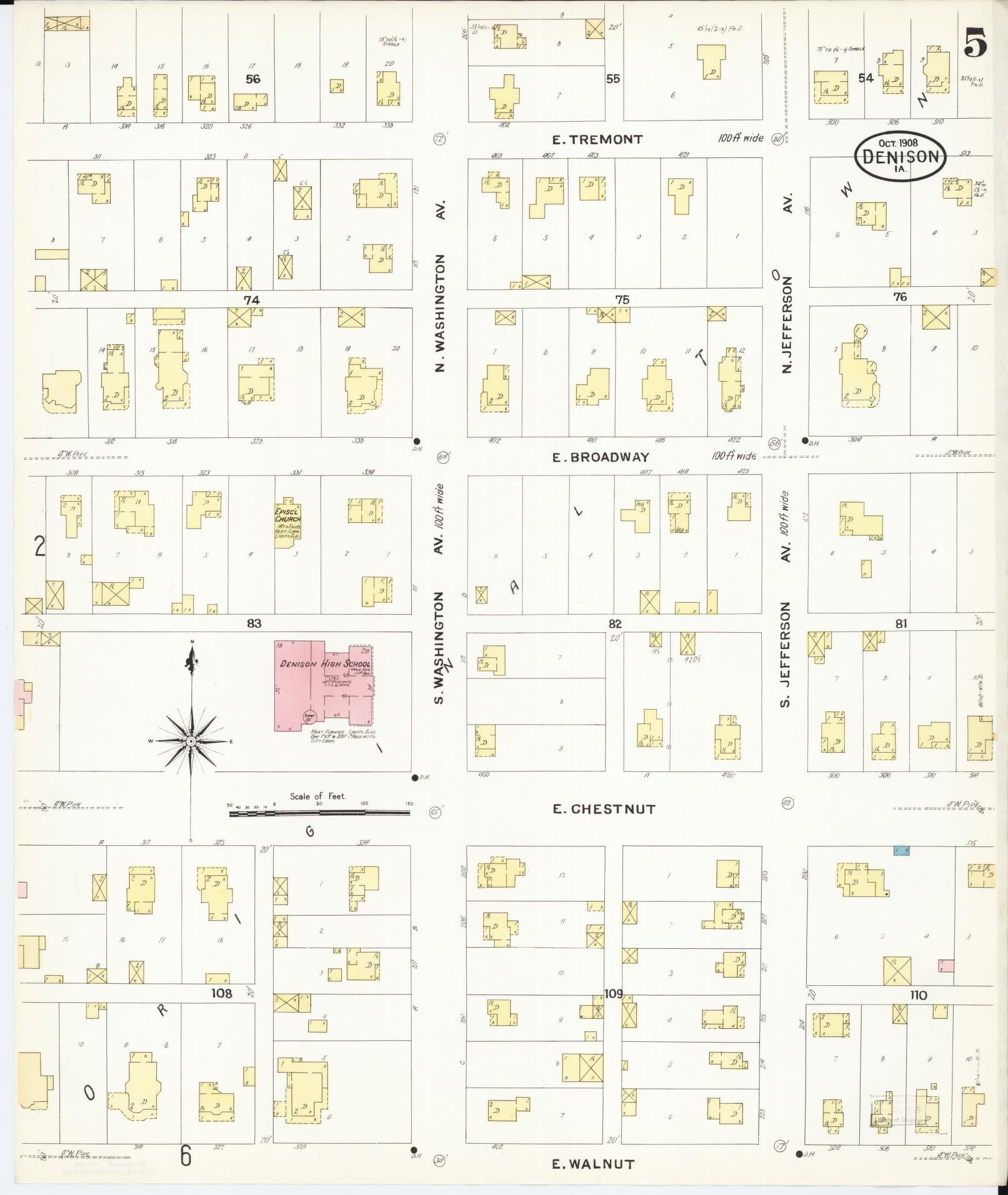 Sanborn Fire Insurance Map from Denison, Crawford County, Iowa (1908), Sheet #0005 - Historic Sanborn Fire Insurance Map Print, vintage old map wall art