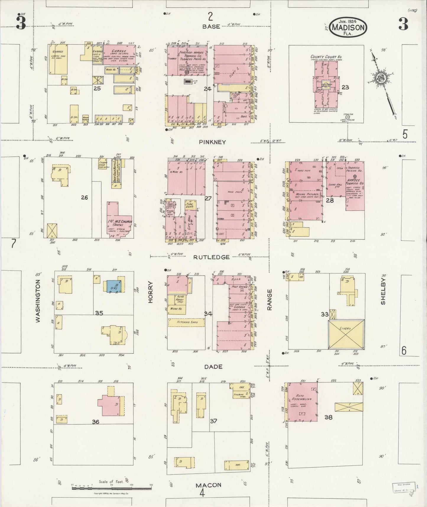 Sanborn Fire Insurance Map from Madison, Madison County, Florida (1924), Sheet #0003 - Historic Sanborn Fire Insurance Map Print, vintage old map wall art, antique decor, genealogy gift, Florida Florida map