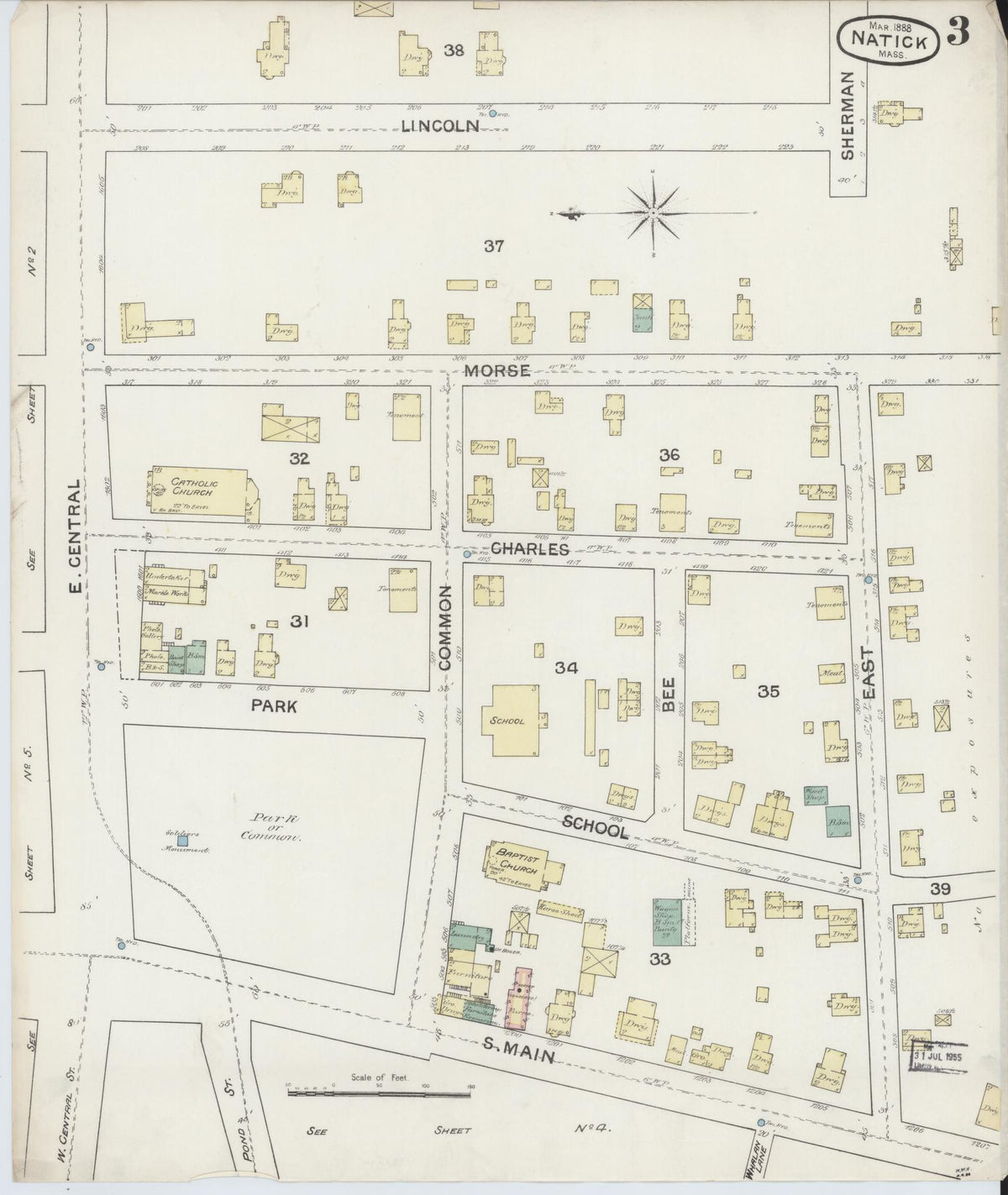 Sanborn Fire Insurance Map from Natick, Middlesex County, Massachusetts (1888), Sheet #0003 - Historic Sanborn Fire Insurance Map Print, vintage old map wall art, antique decor, genealogy gift, Massachusetts Massachusetts map