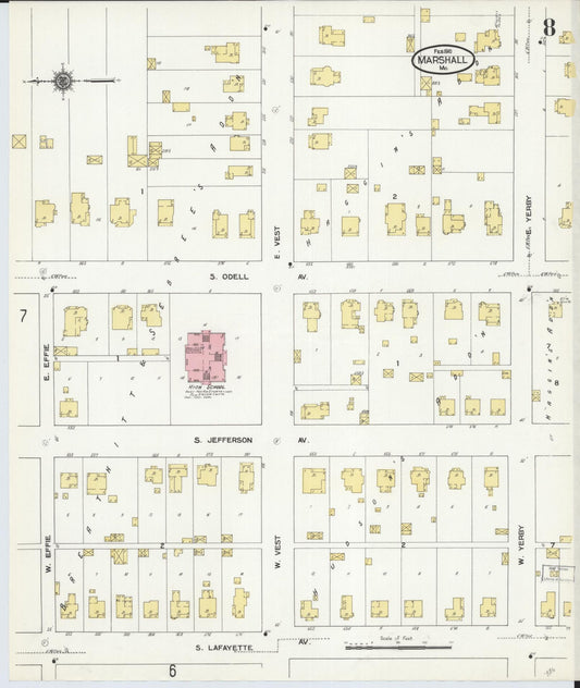Sanborn Fire Insurance Map from Marshall, Saline County, Missouri (1910), Sheet #0008 - Historic Sanborn Fire Insurance Map Print, vintage old map wall art, antique decor, genealogy gift, Missouri Missouri map