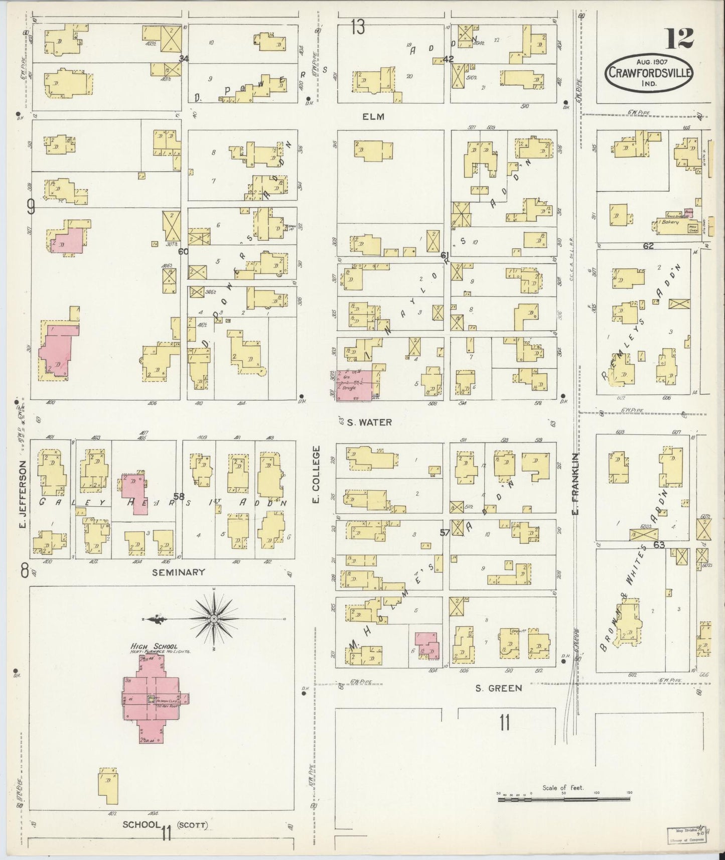 Sanborn Fire Insurance Map from Crawfordsville, Montgomery County, Indiana (1907), Sheet #0012 - Complete Map Set gallery image, historic Sanborn map, vintage wall art, Indiana Indiana