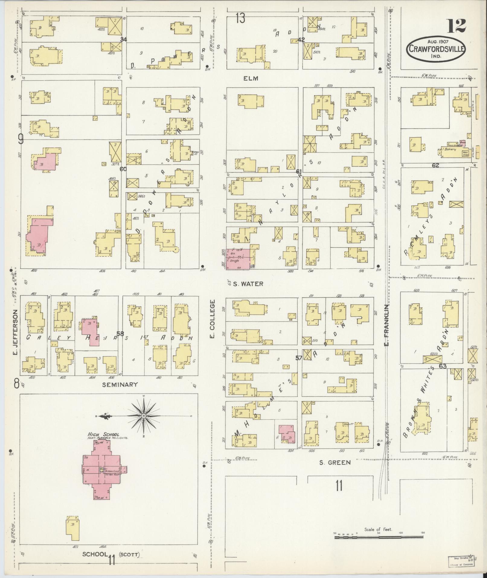 Sanborn Fire Insurance Map from Crawfordsville, Montgomery County, Indiana (1907), Sheet #0012 - Complete Map Set gallery image, historic Sanborn map, vintage wall art, Indiana Indiana