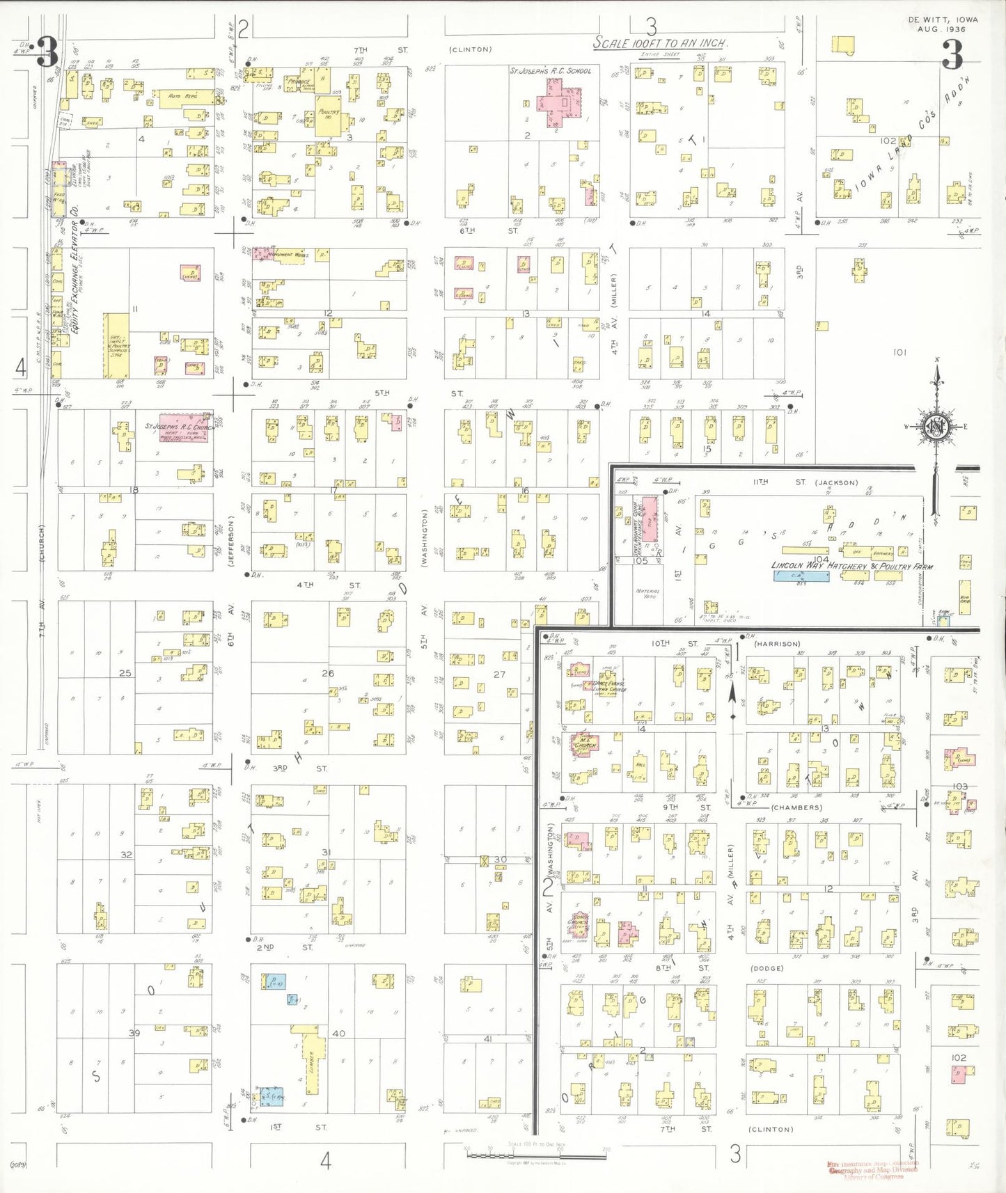 Sanborn Fire Insurance Map from De Witt, Clinton County, Iowa (1936), Sheet #0003 - Historic Sanborn Fire Insurance Map Print, vintage old map wall art