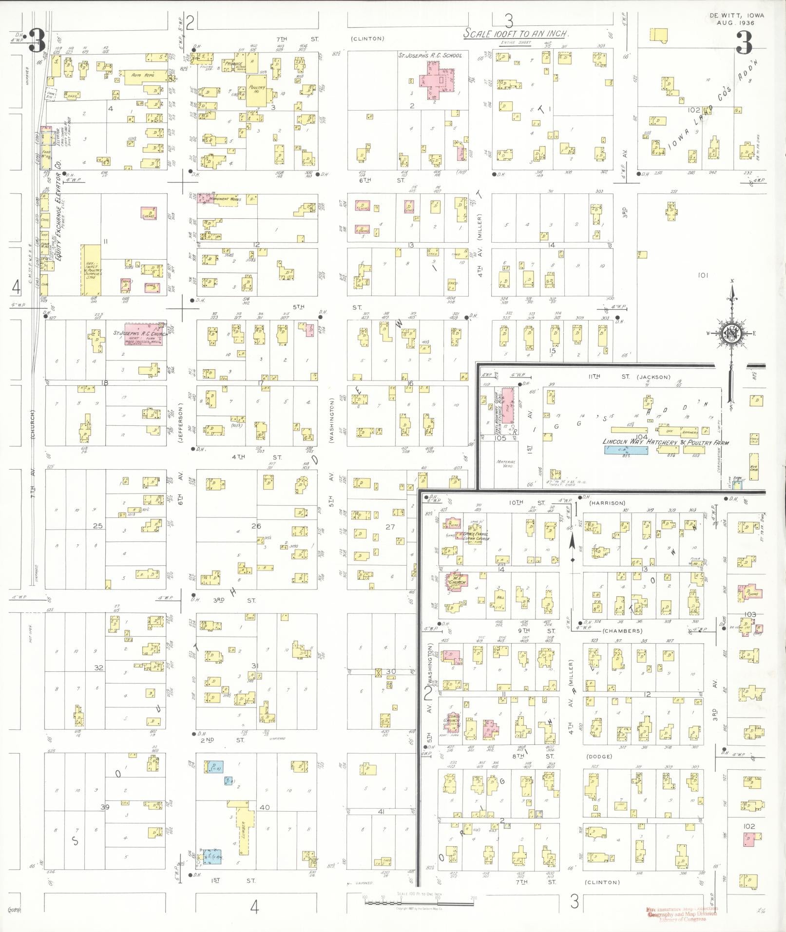 Sanborn Fire Insurance Map from De Witt, Clinton County, Iowa (1936), Sheet #0003 - Historic Sanborn Fire Insurance Map Print, vintage old map wall art