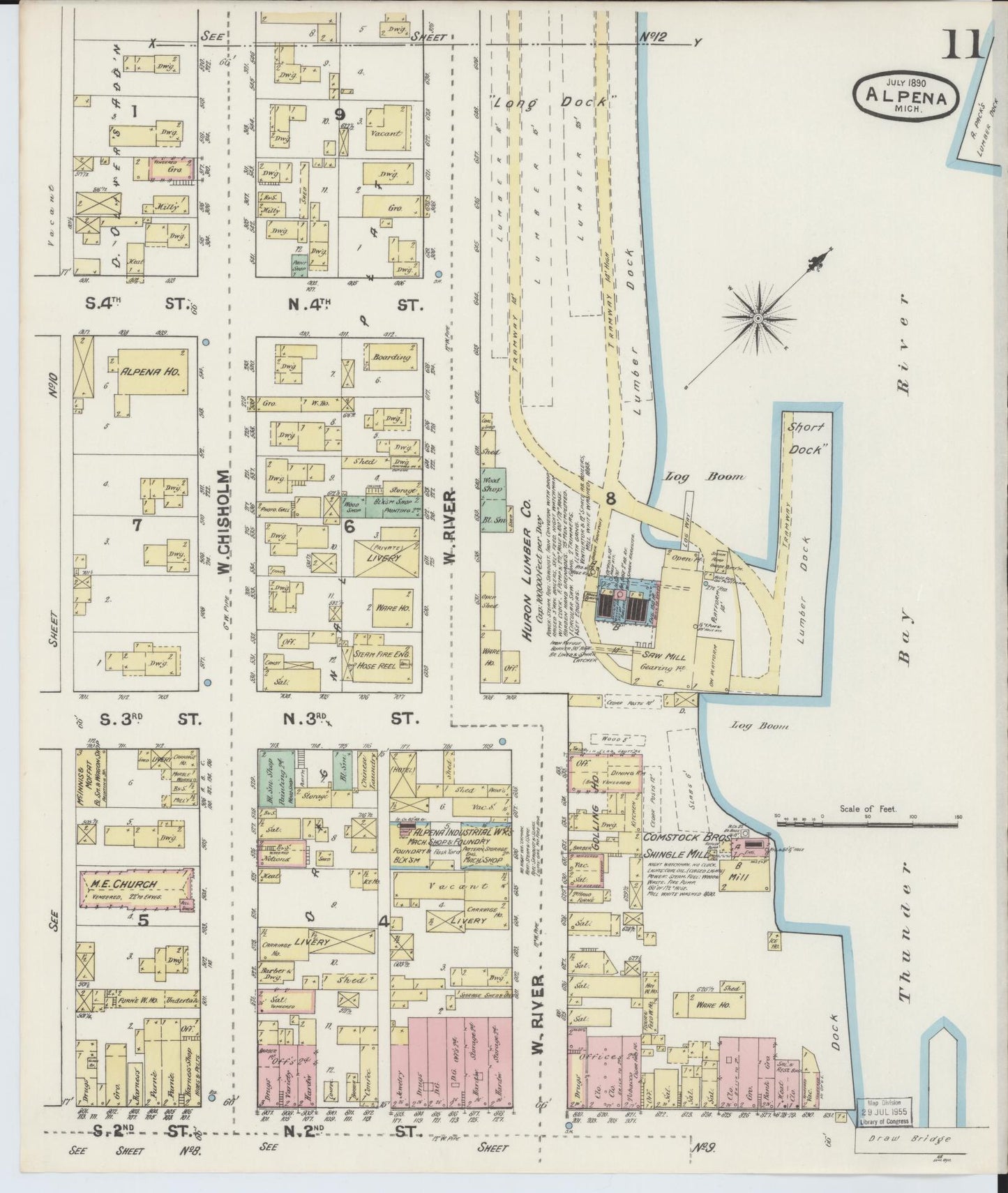 Sanborn Fire Insurance Map from Alpena, Alpena County, Michigan (1890), Sheet #0011 - Historic Sanborn Fire Insurance Map Print, vintage old map wall art, antique decor, genealogy gift, Michigan Michigan map