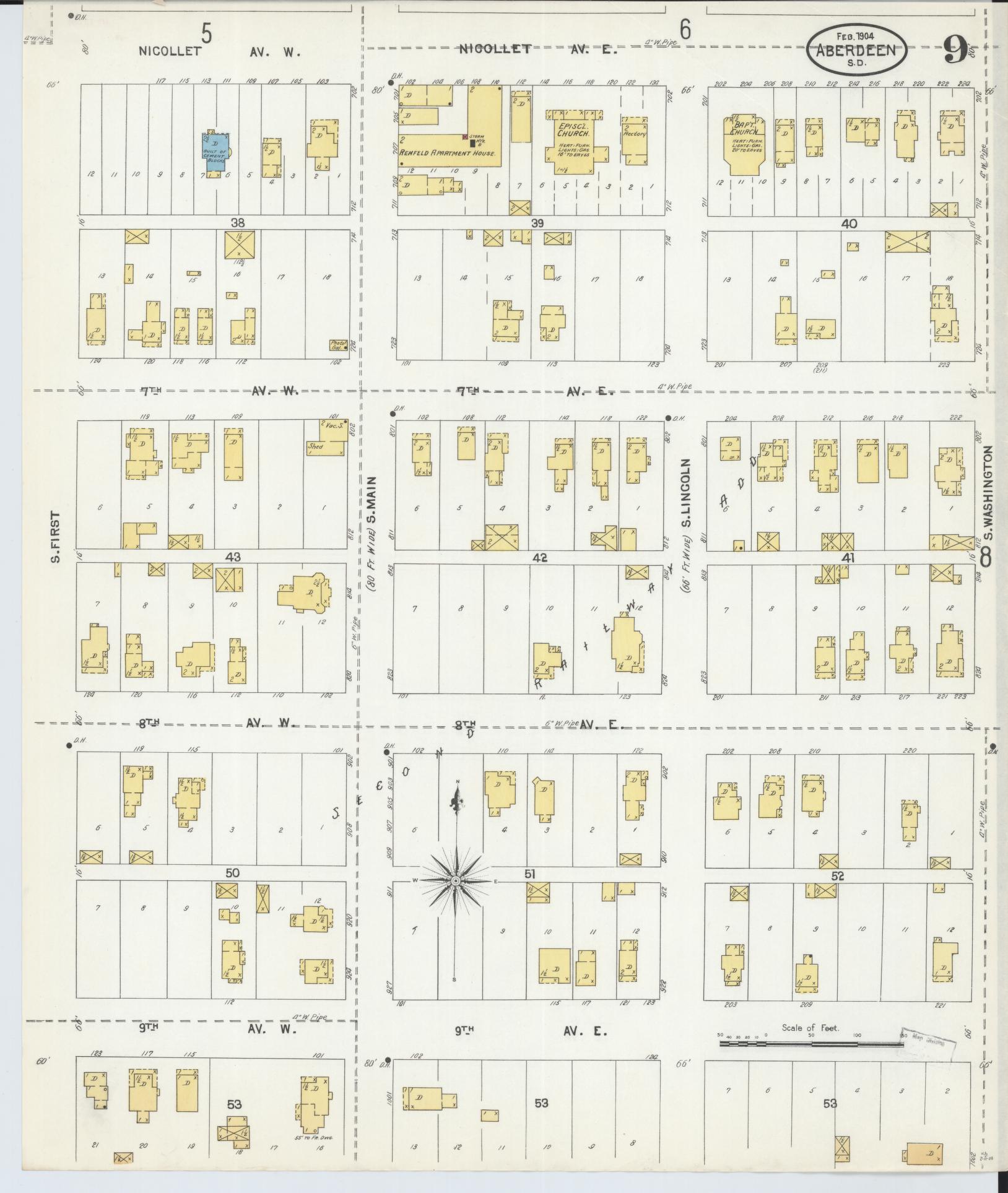Sanborn Fire Insurance Map from Aberdeen, Brown County, South Dakota (1904), Sheet #0009 - Historic Sanborn Fire Insurance Map Print, vintage old map wall art, antique decor, genealogy gift, South Dakota South Dakota map