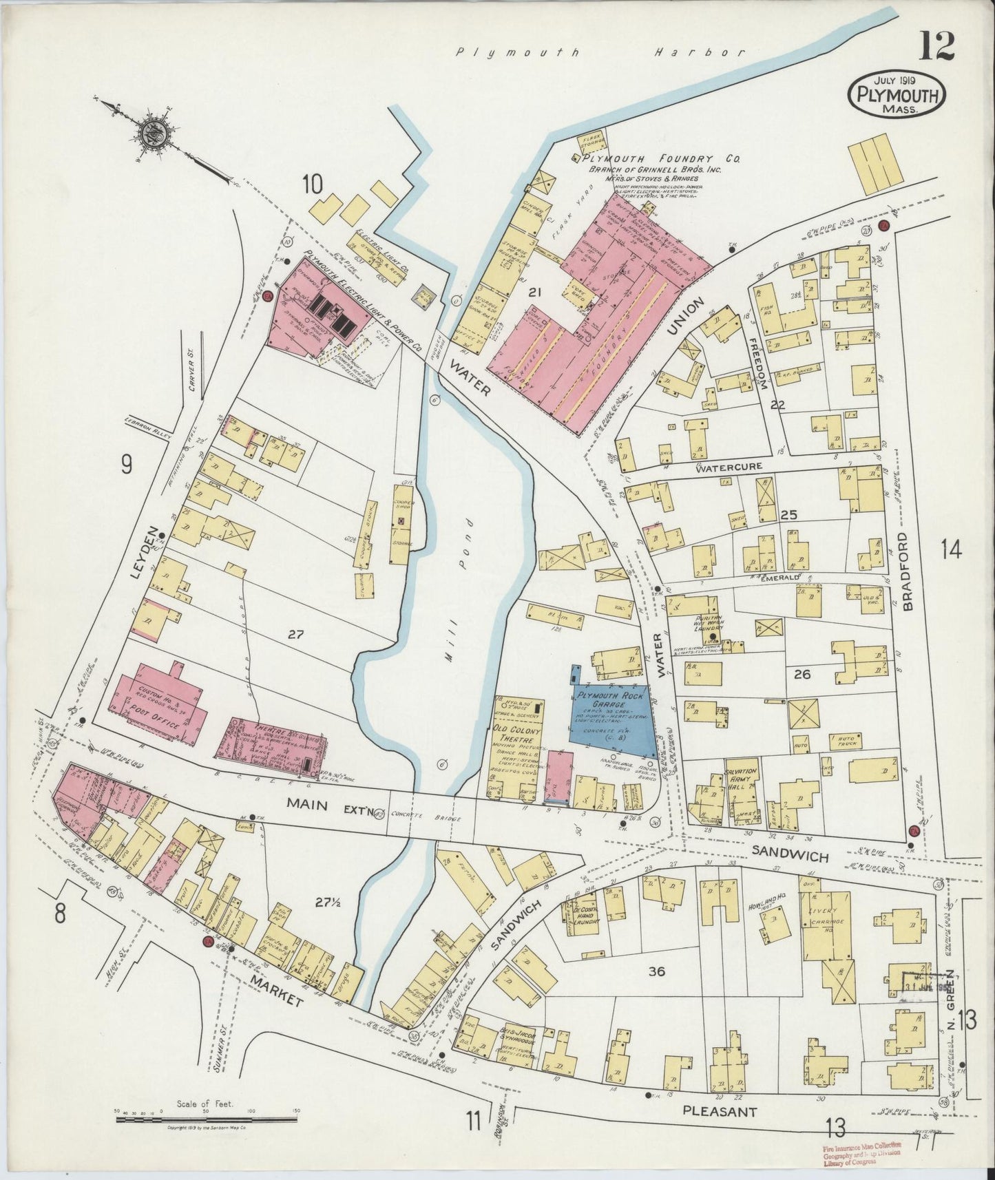 Sanborn Fire Insurance Map from Plymouth, Plymouth County, Massachusetts (1919), Sheet #0012 - Complete Map Set gallery image, historic Sanborn map, vintage wall art, Massachusetts Massachusetts