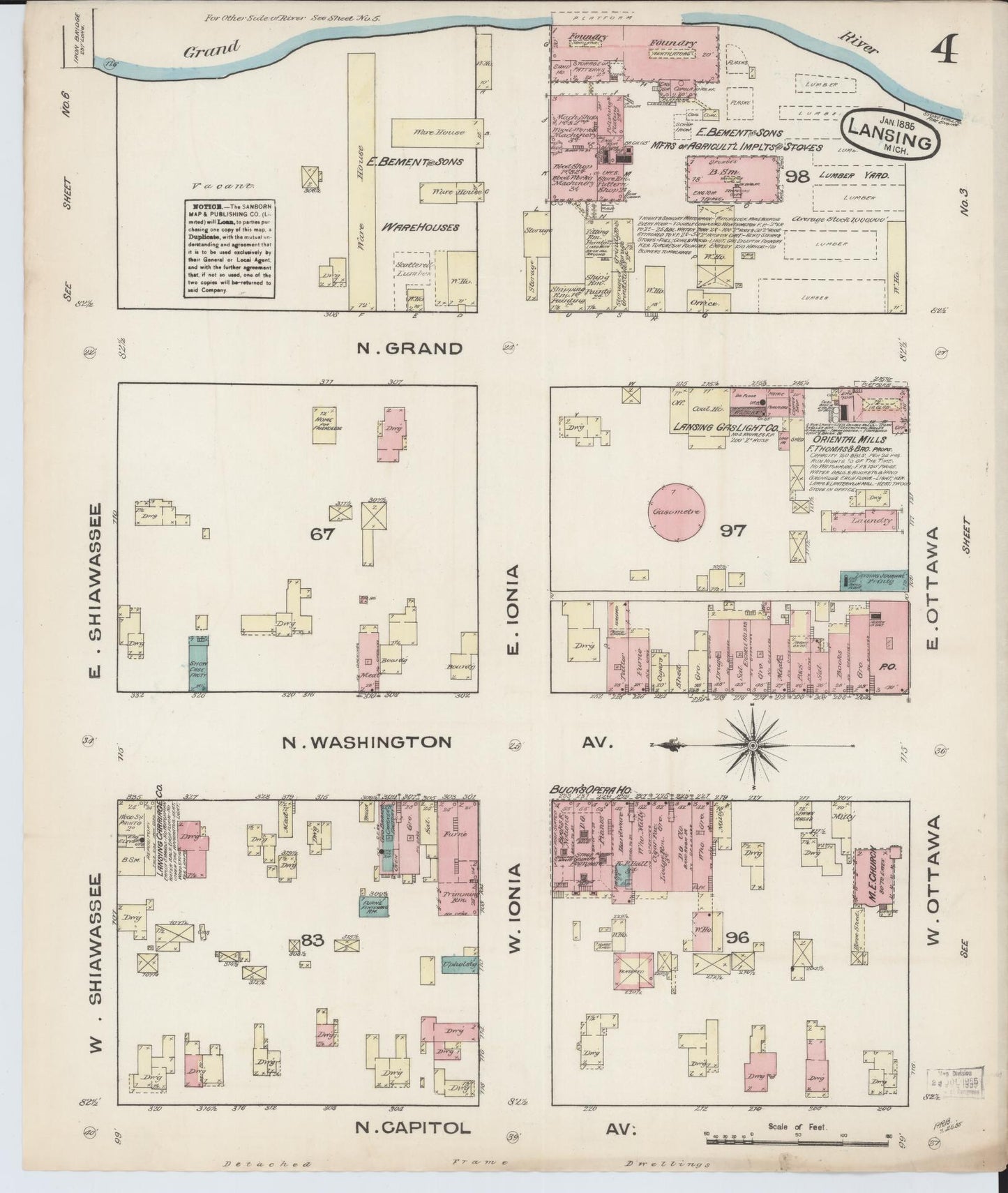 Sanborn Fire Insurance Map from Lansing, Ingham County, Michigan (1885), Sheet #0004 - Complete Map Set gallery image, historic Sanborn map, vintage wall art, Michigan Michigan