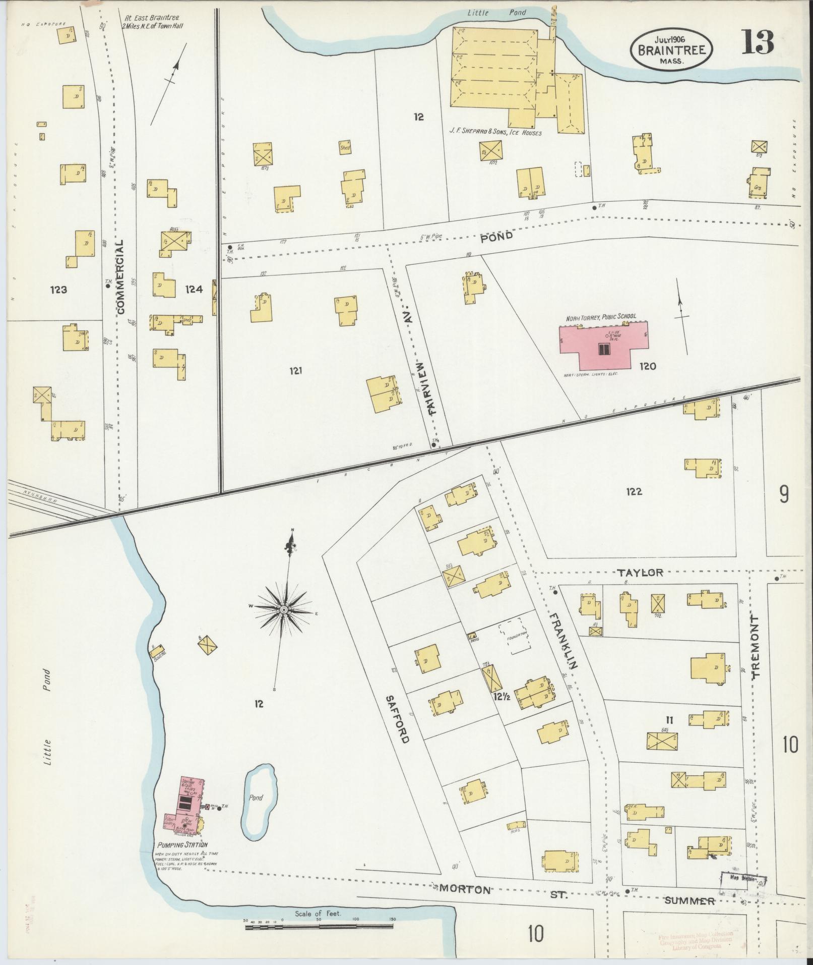 Sanborn Fire Insurance Map from Braintree, Norfolk County, Massachusetts (1906), Sheet #0013 - Complete Map Set gallery image, historic Sanborn map, vintage wall art, Massachusetts Massachusetts