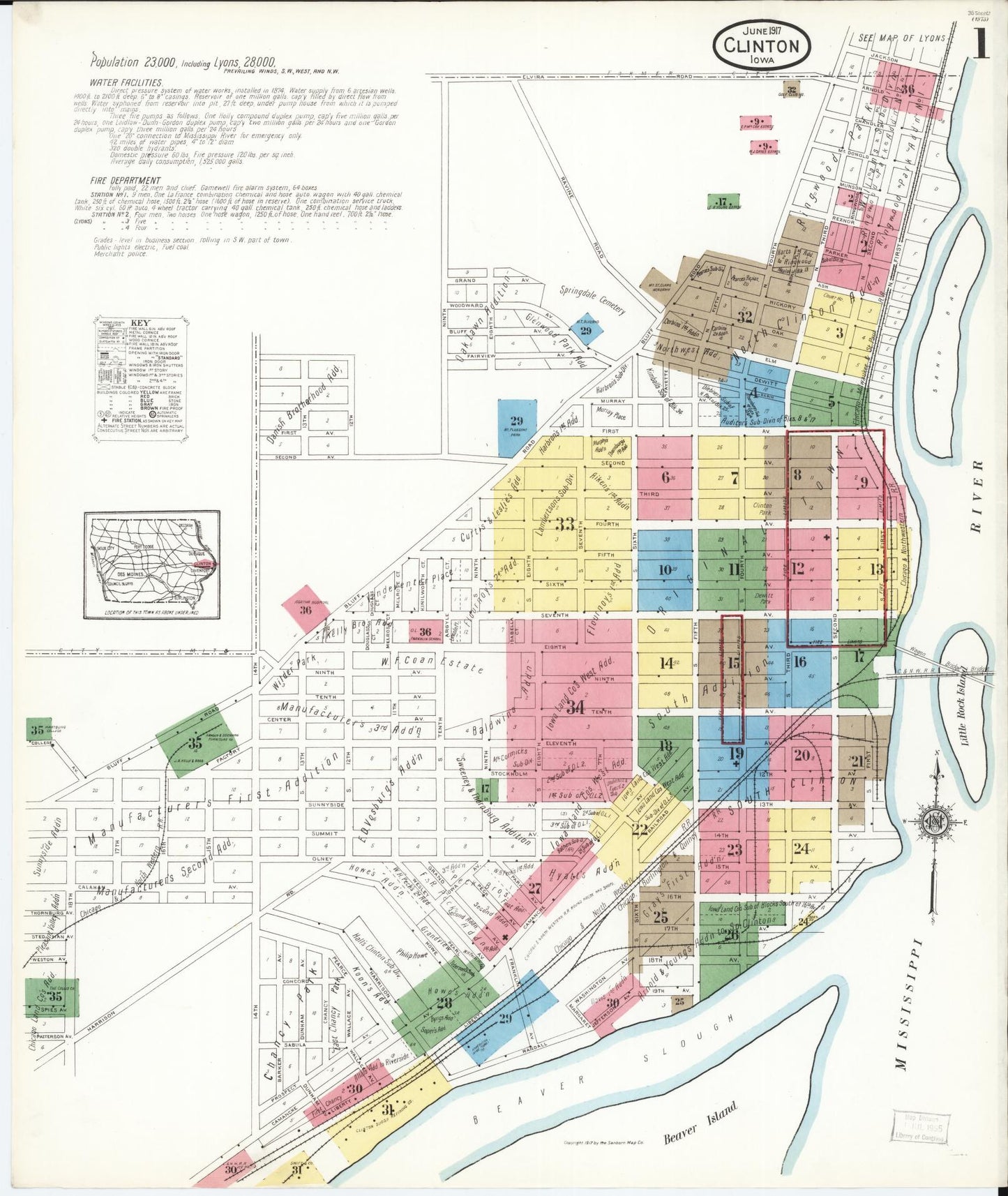 Sanborn Fire Insurance Map from Clinton, Clinton County, Iowa (1917), Sheet #0001 - Historic Sanborn Fire Insurance Map Print, vintage old map wall art