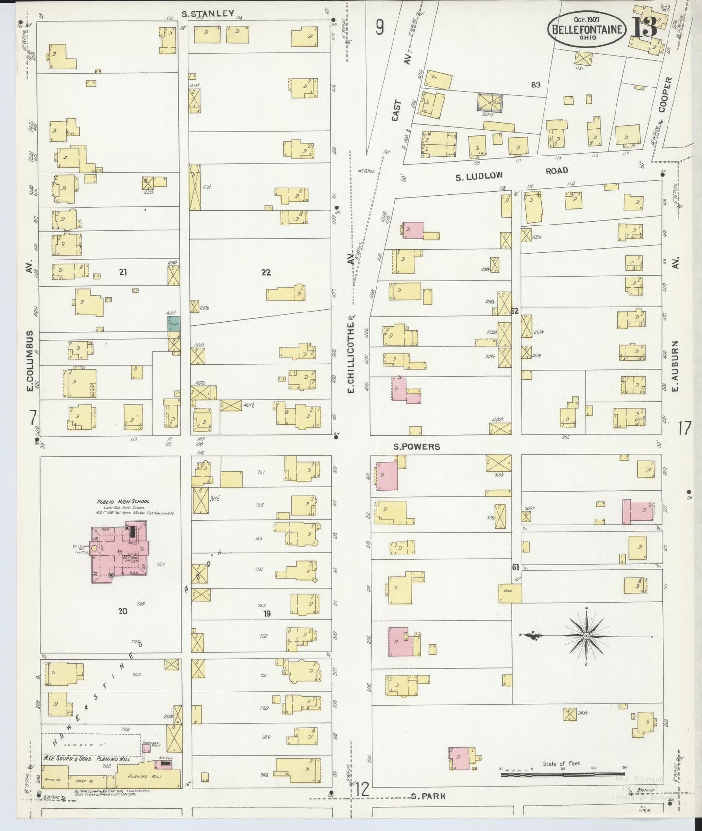 Sanborn Fire Insurance Map from Bellefontaine, Logan County, Ohio (1907), Sheet #0013 - Historic Sanborn Fire Insurance Map Print, vintage old map wall art, antique decor, genealogy gift, Ohio Ohio map