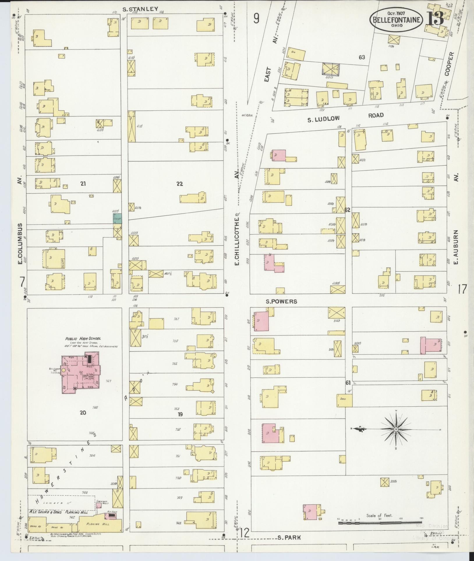 Sanborn Fire Insurance Map from Bellefontaine, Logan County, Ohio (1907), Sheet #0013 - Historic Sanborn Fire Insurance Map Print, vintage old map wall art, antique decor, genealogy gift, Ohio Ohio map