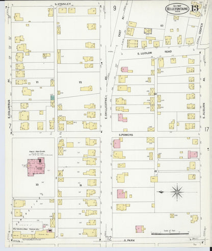 Sanborn Fire Insurance Map from Bellefontaine, Logan County, Ohio (1907), Sheet #0013 - Historic Sanborn Fire Insurance Map Print, vintage old map wall art, antique decor, genealogy gift, Ohio Ohio map