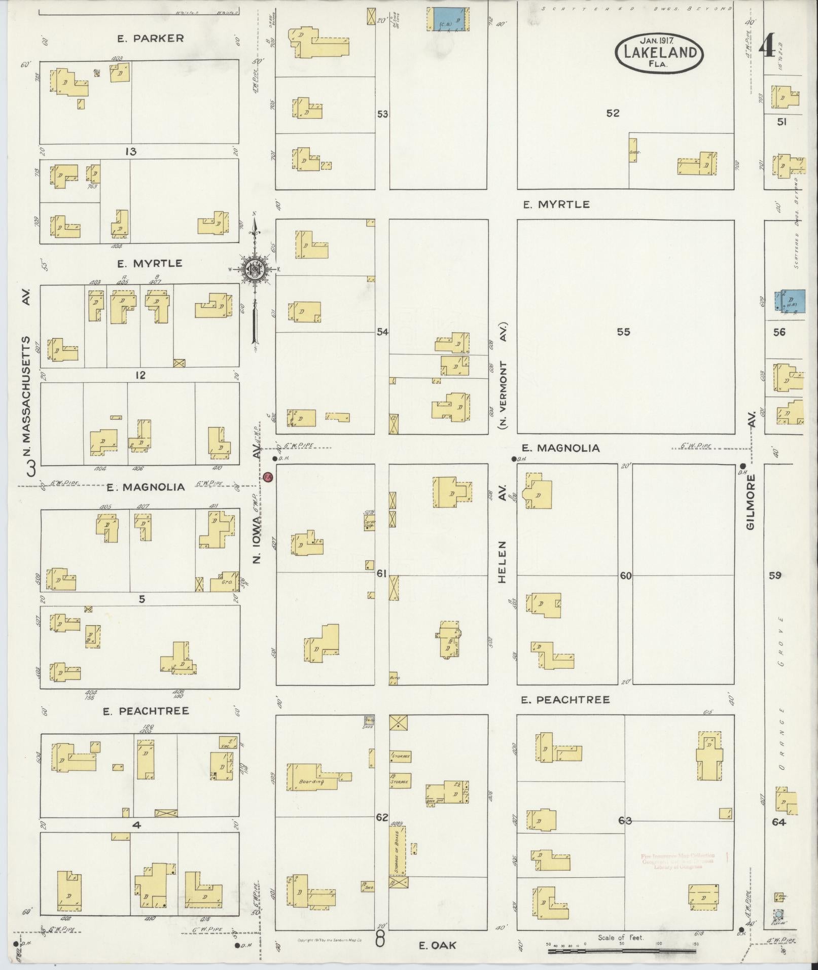 Sanborn Fire Insurance Map from Lakeland, Polk County, Florida (1917), Sheet #0004 - Complete Map Set gallery image, historic Sanborn map, vintage wall art, Florida Florida