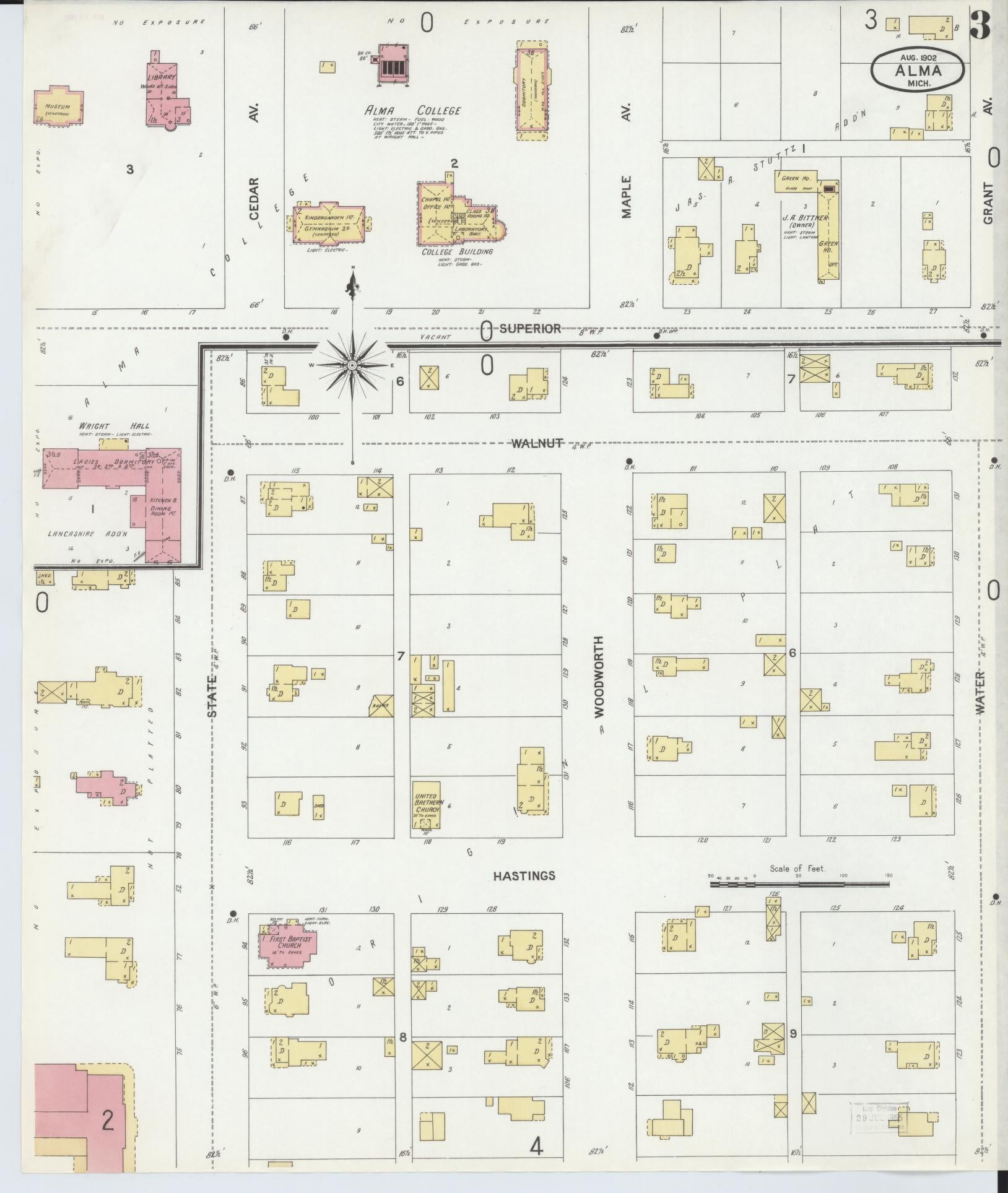 Sanborn Fire Insurance Map from Alma, Gratiot County, Michigan (1902), Sheet #0003 - Complete Map Set gallery image, historic Sanborn map, vintage wall art, Michigan Michigan