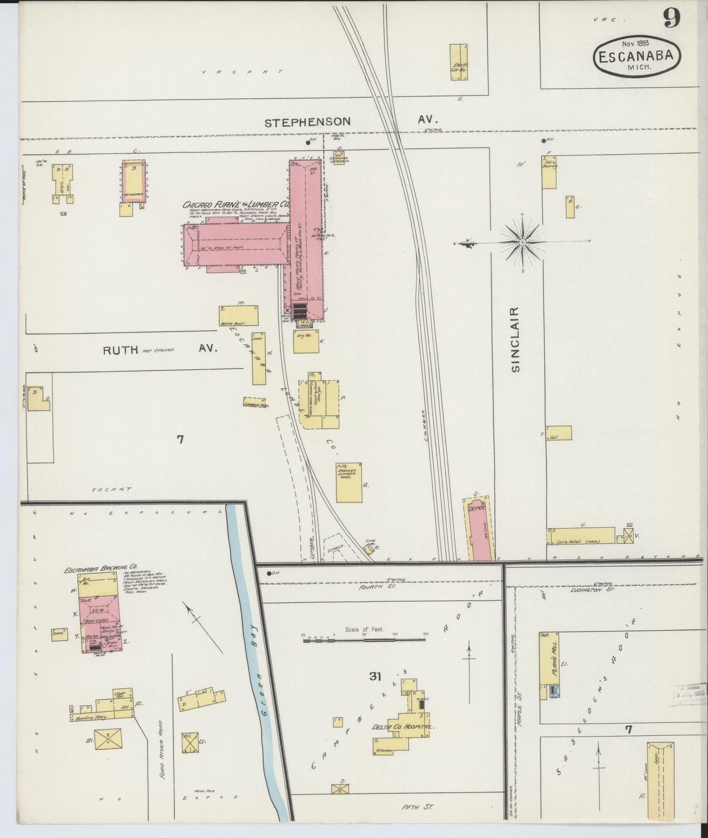 Sanborn Fire Insurance Map from Escanaba, Delta County, Michigan (1893), Sheet #0009 - Complete Map Set gallery image, historic Sanborn map, vintage wall art, Michigan Michigan