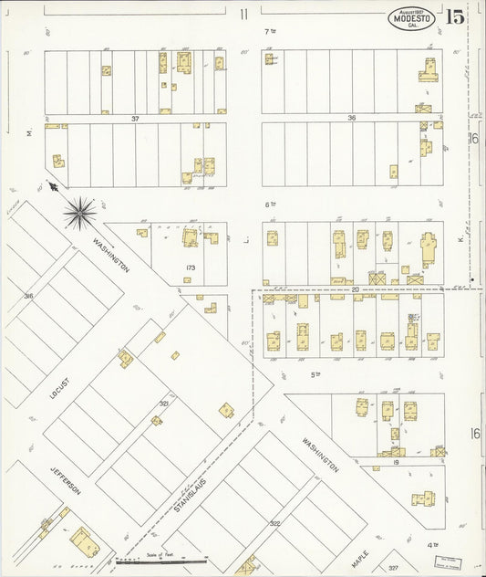 Sanborn Fire Insurance Map from Modesto, Stanislaus County, California (1907), Sheet #0015 - Historic Sanborn Fire Insurance Map Print, vintage old map wall art, antique decor, genealogy gift, California California map