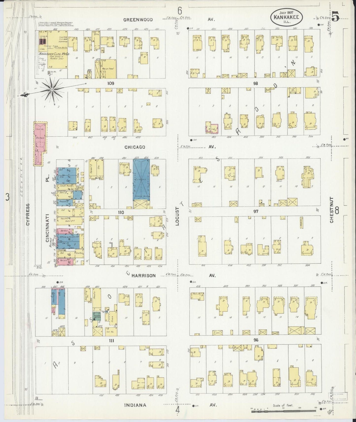 Sanborn Fire Insurance Map from Kankakee, Kankakee County, Illinois (1907), Sheet #0005 - Historic Sanborn Fire Insurance Map Print, vintage old map wall art, antique decor, genealogy gift, Illinois Illinois map