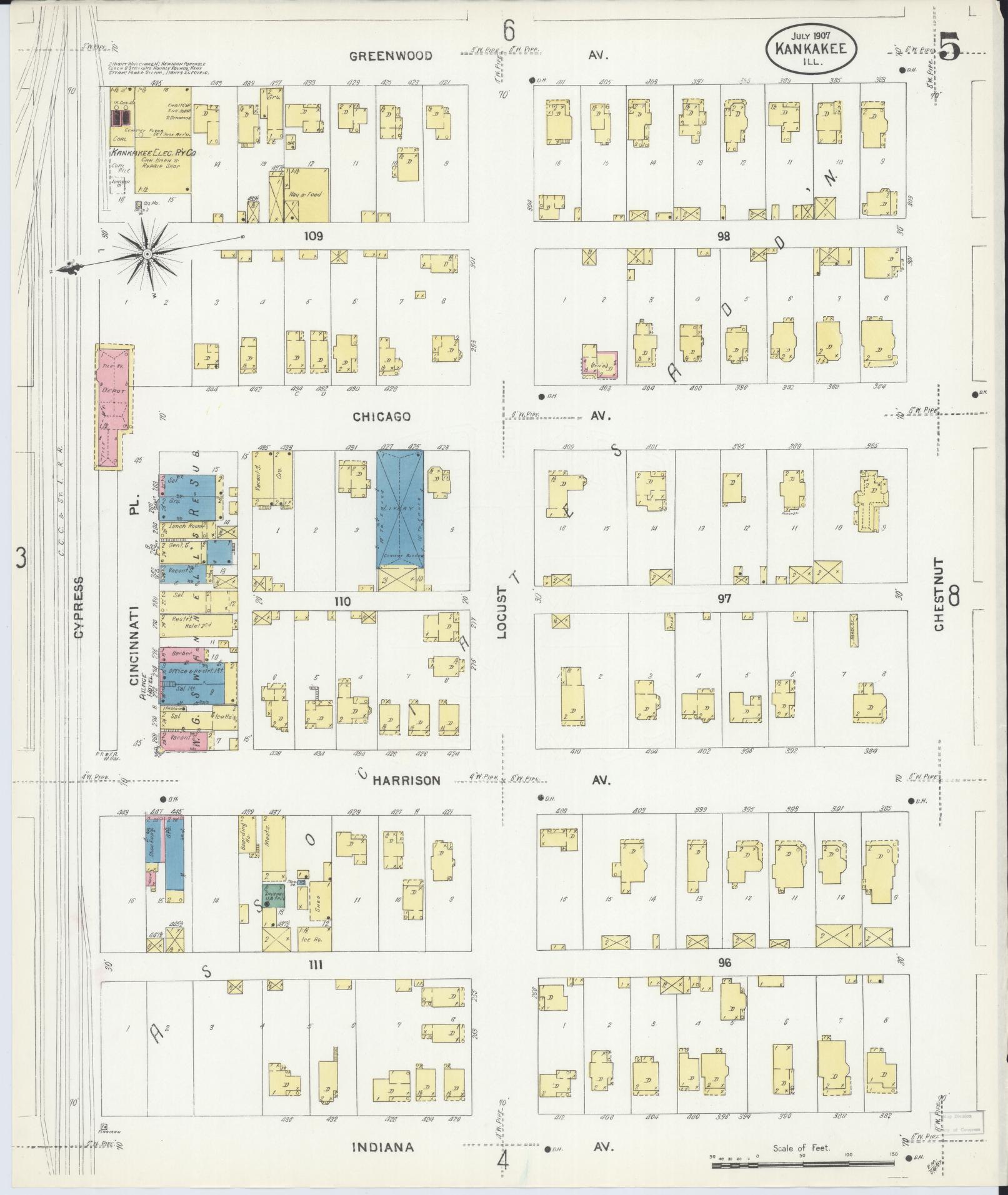 Sanborn Fire Insurance Map from Kankakee, Kankakee County, Illinois (1907), Sheet #0005 - Historic Sanborn Fire Insurance Map Print, vintage old map wall art, antique decor, genealogy gift, Illinois Illinois map