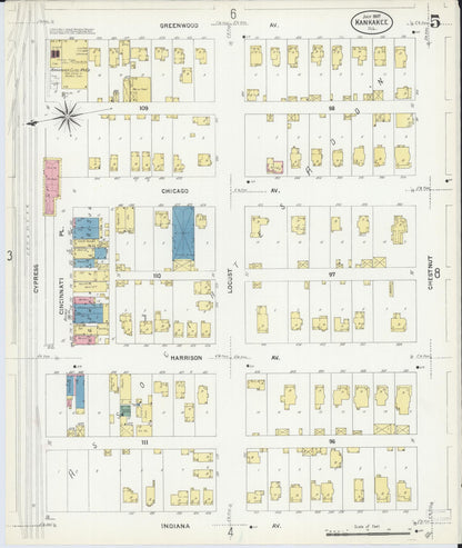 Sanborn Fire Insurance Map from Kankakee, Kankakee County, Illinois (1907), Sheet #0005 - Historic Sanborn Fire Insurance Map Print, vintage old map wall art, antique decor, genealogy gift, Illinois Illinois map