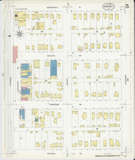 Sanborn Fire Insurance Map from Kankakee, Kankakee County, Illinois (1907), Sheet #0005 - Historic Sanborn Fire Insurance Map Print, vintage old map wall art, antique decor, genealogy gift, Illinois Illinois map
