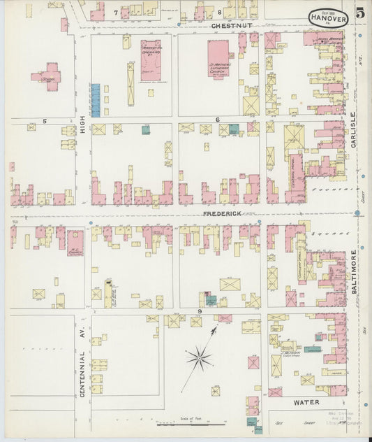 Sanborn Fire Insurance Map from Hanover, York County, Pennsylvania (1891), Sheet #0005 - Historic Sanborn Fire Insurance Map Print, vintage old map wall art, antique decor, genealogy gift, Pennsylvania Pennsylvania map
