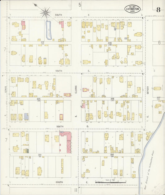 Sanborn Fire Insurance Map from Livingston, Park County, Montana (1907), Sheet #0008 - Historic Sanborn Fire Insurance Map Print, vintage old map wall art, antique decor, genealogy gift, Montana Montana map
