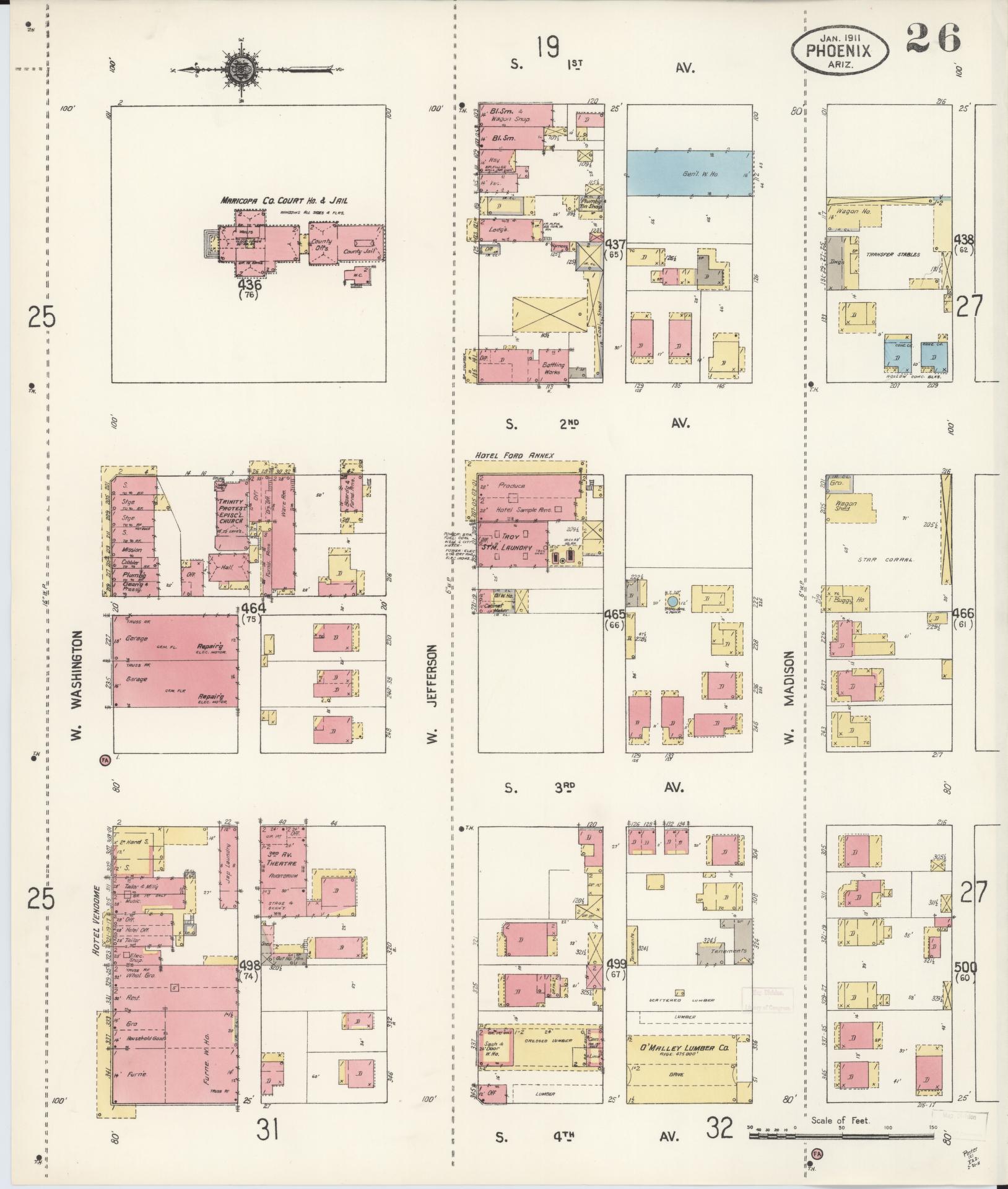 Sanborn Fire Insurance Map from Phoenix, Maricopa County, Arizona (1911), Sheet #0026 - Complete Map Set gallery image, historic Sanborn map, vintage wall art, Arizona Arizona