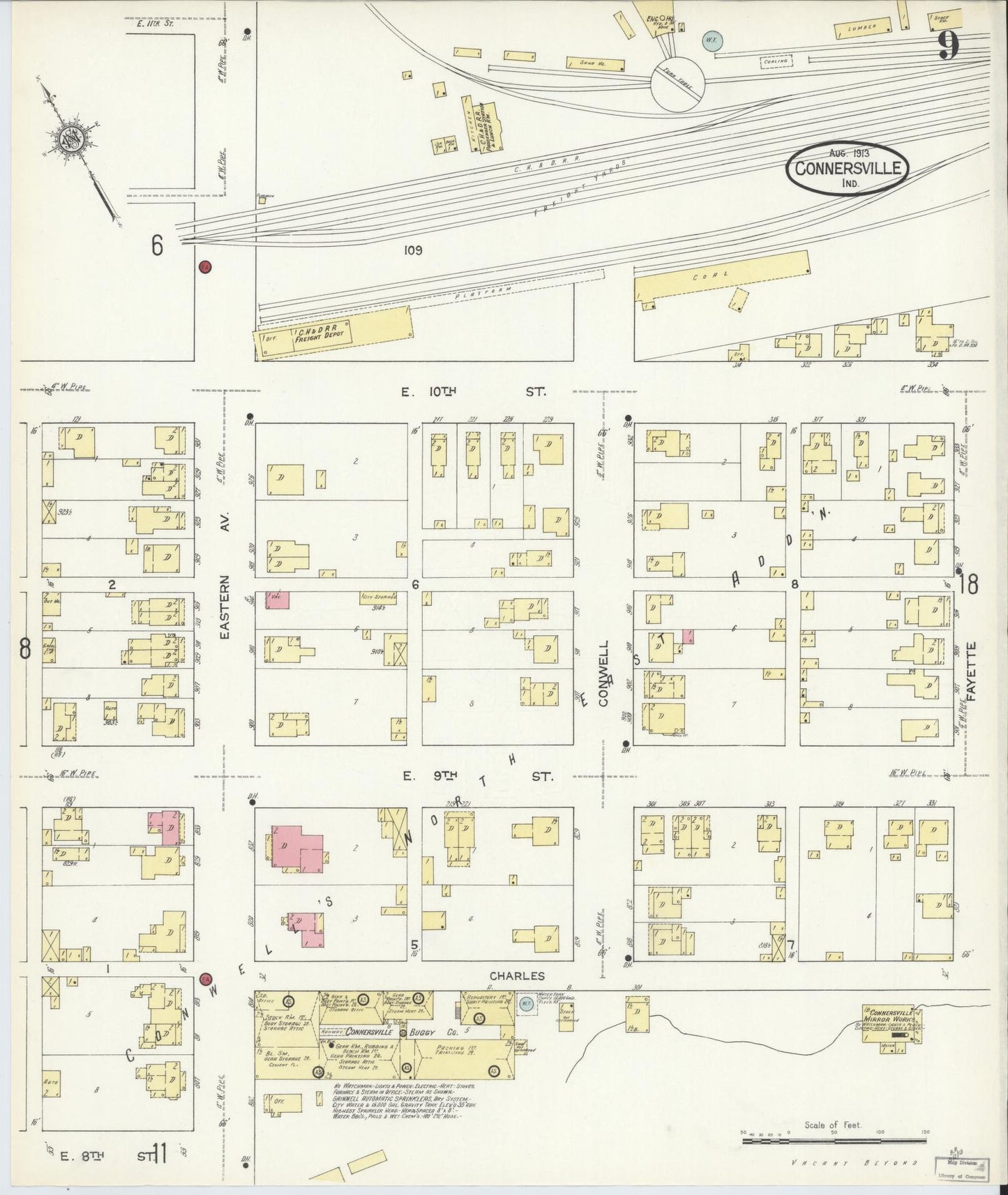 Sanborn Fire Insurance Map from Connersville, Fayette County, Indiana (1913), Sheet #0009 - Complete Map Set gallery image, historic Sanborn map, vintage wall art, Indiana Indiana
