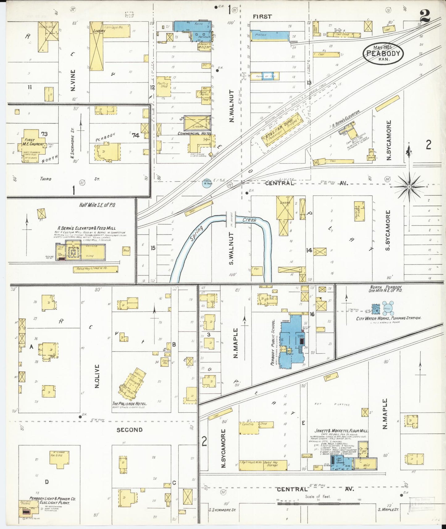 Sanborn Fire Insurance Map from Peabody, Marion County, Kansas (1905), Sheet #0002 - Historic Sanborn Fire Insurance Map Print, vintage old map wall art, antique decor, genealogy gift, Kansas Kansas map