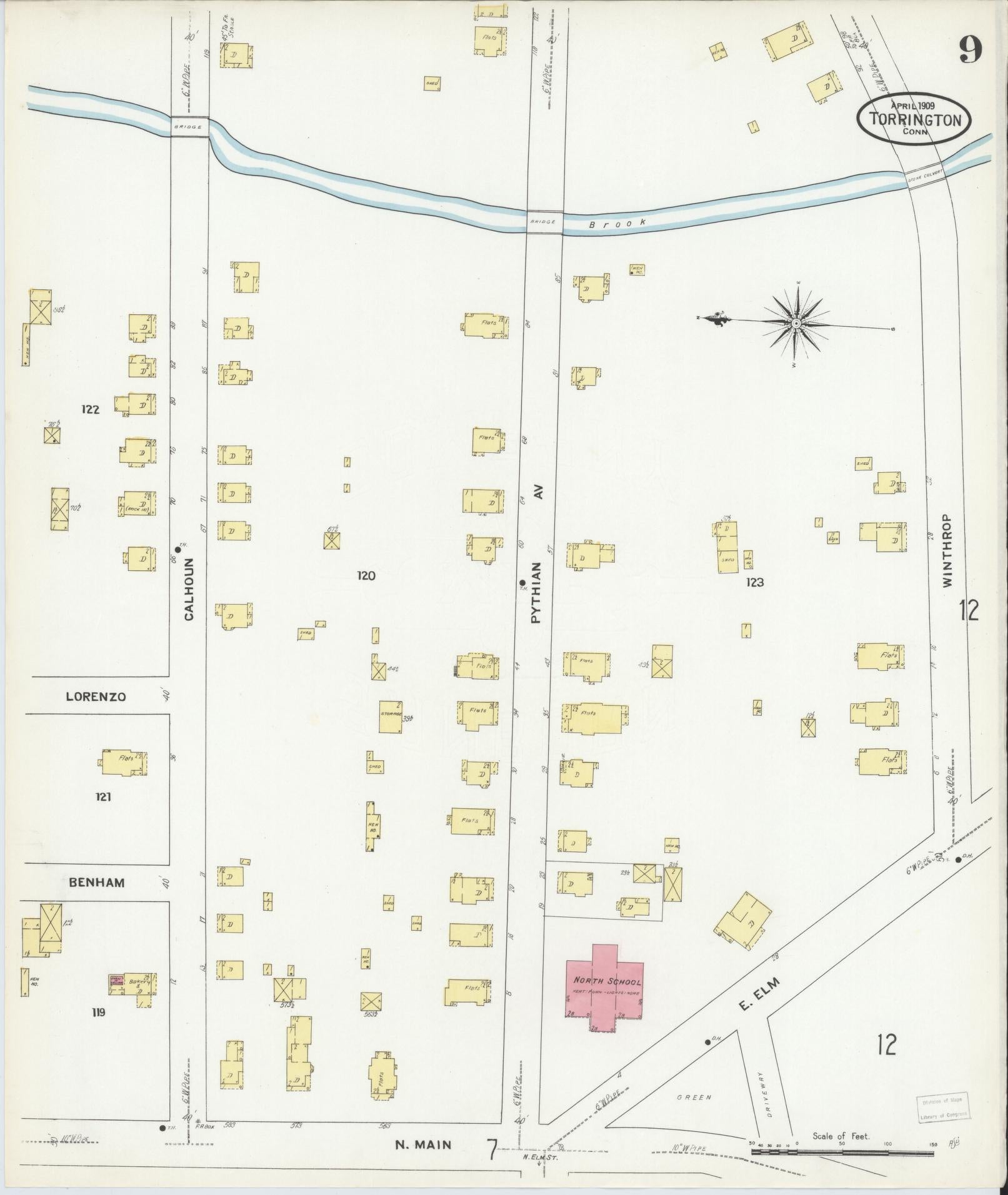 Sanborn Fire Insurance Map from Torrington, Litchfield County, Connecticut (1909), Sheet #0009 - Historic Sanborn Fire Insurance Map Print, vintage old map wall art, antique decor, genealogy gift, Connecticut Connecticut map
