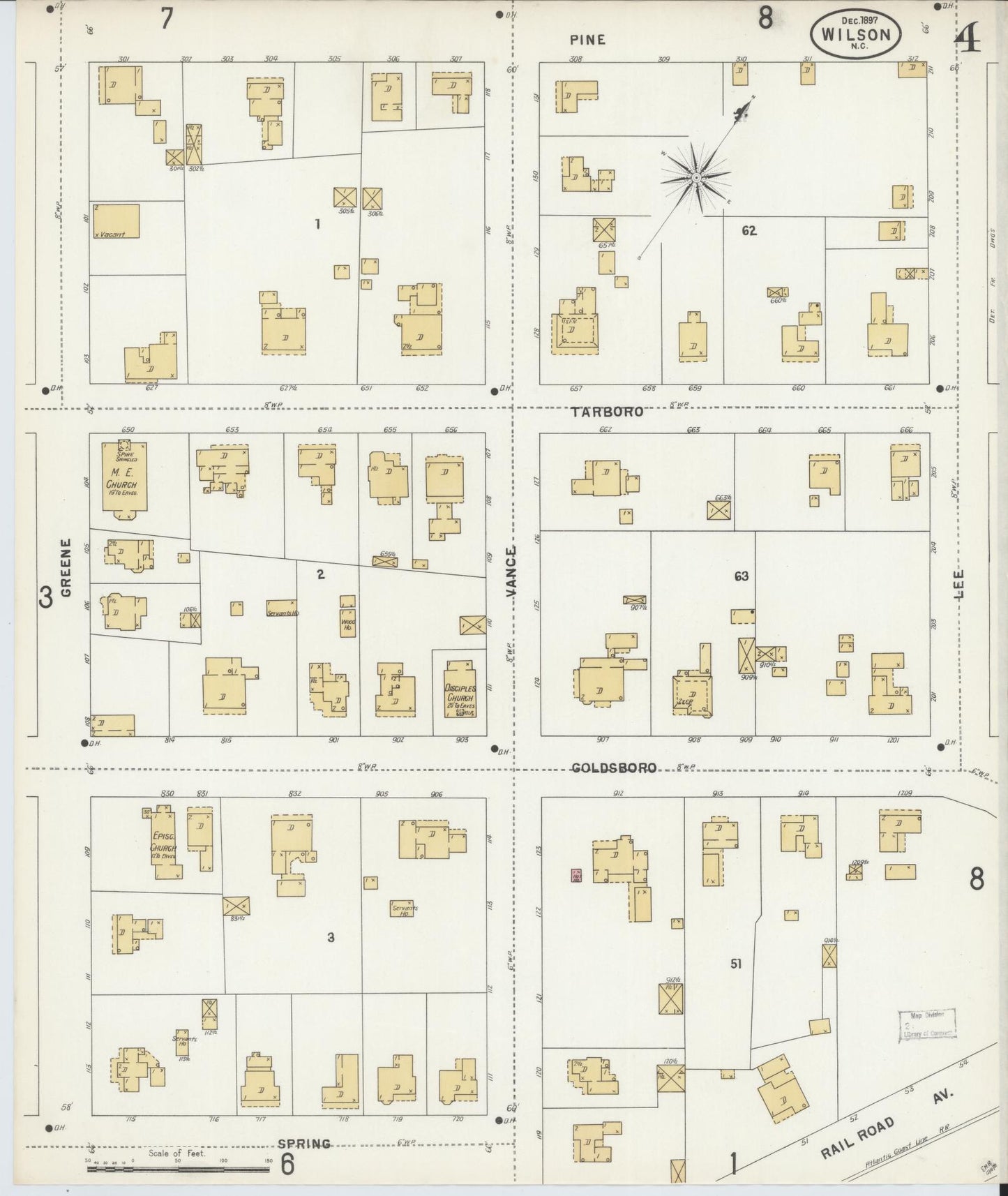 Sanborn Fire Insurance Map from Wilson, Wilson County, North Carolina (1897), Sheet #0004 - Complete Map Set gallery image, historic Sanborn map, vintage wall art, North Carolina North Carolina