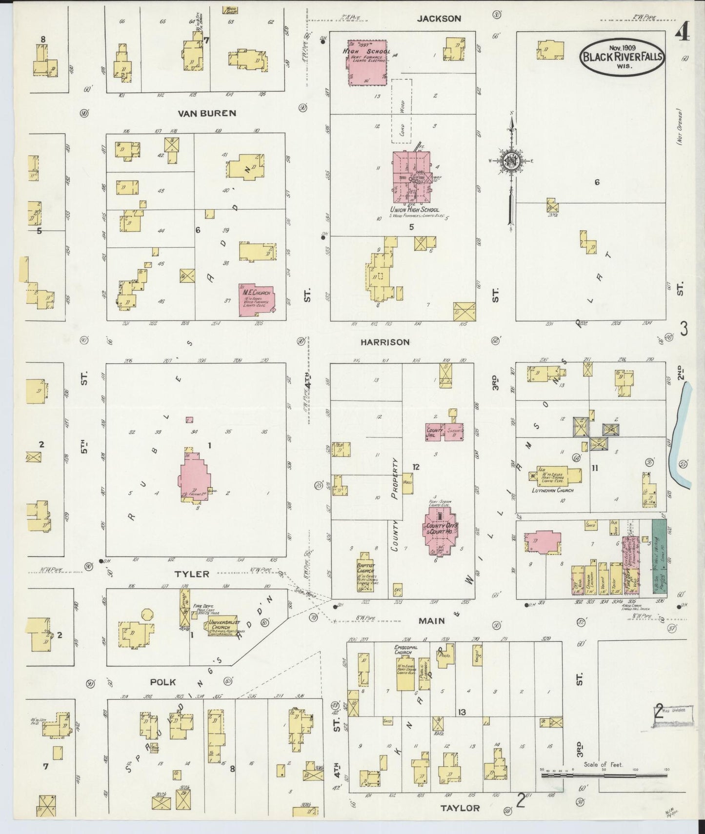 Sanborn Fire Insurance Map from Black River Falls, Jackson County, Wisconsin (1909), Sheet #0004 - Complete Map Set gallery image, historic Sanborn map, vintage wall art, Wisconsin Wisconsin