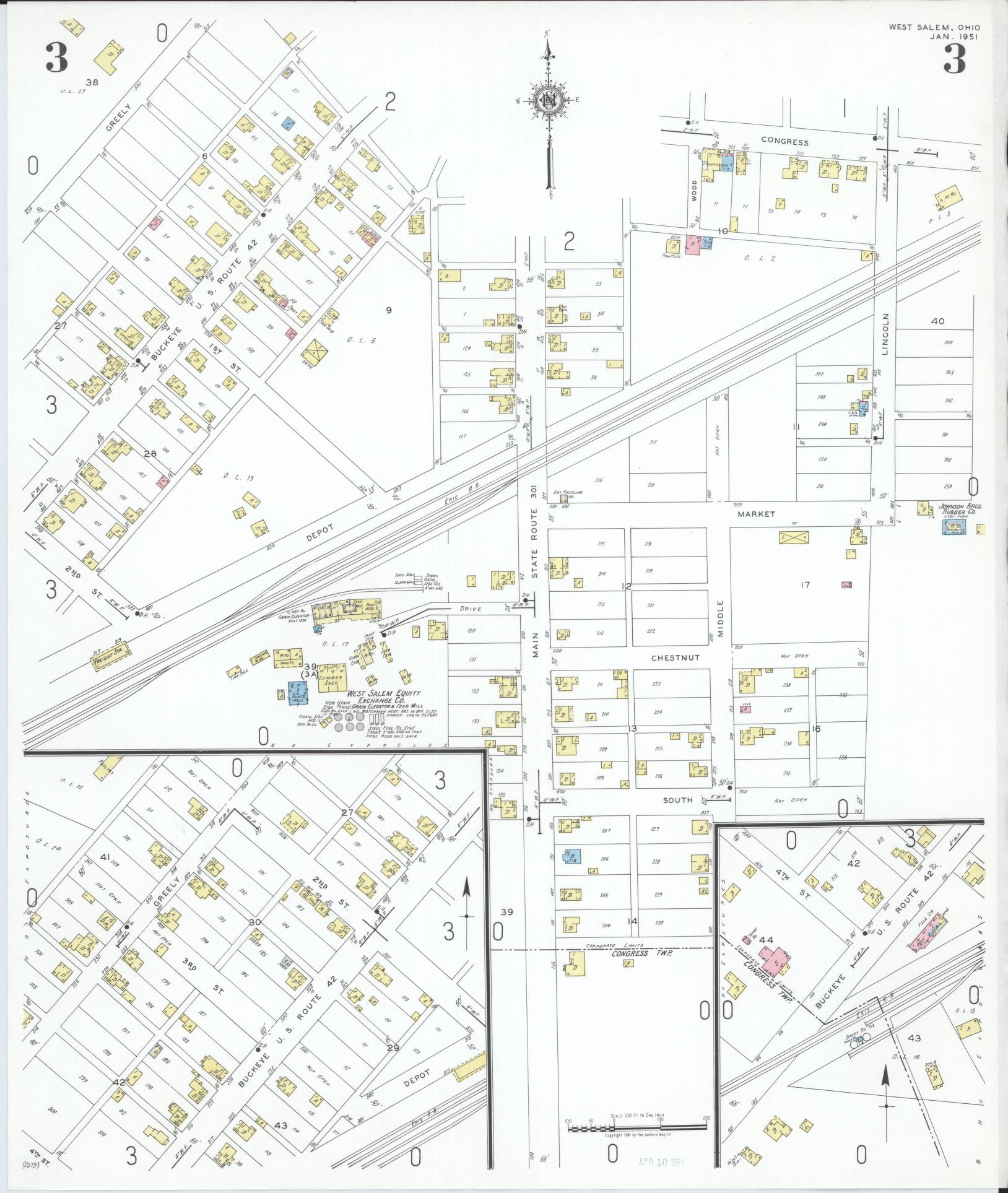 Sanborn Fire Insurance Map from West Salem, Wayne County, Ohio (1951), Sheet #0003 - Complete Map Set gallery image, historic Sanborn map, vintage wall art, Ohio Ohio