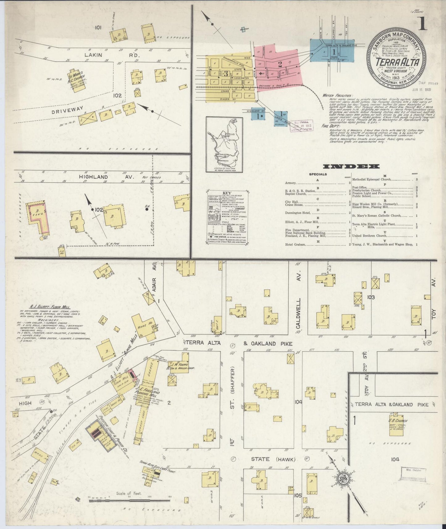 Sanborn Fire Insurance Map from Terra Alta, Preston County, West Virginia (1913), Sheet #0001 - Historic Sanborn Fire Insurance Map Print, vintage old map wall art, antique decor, genealogy gift, West Virginia West Virginia map